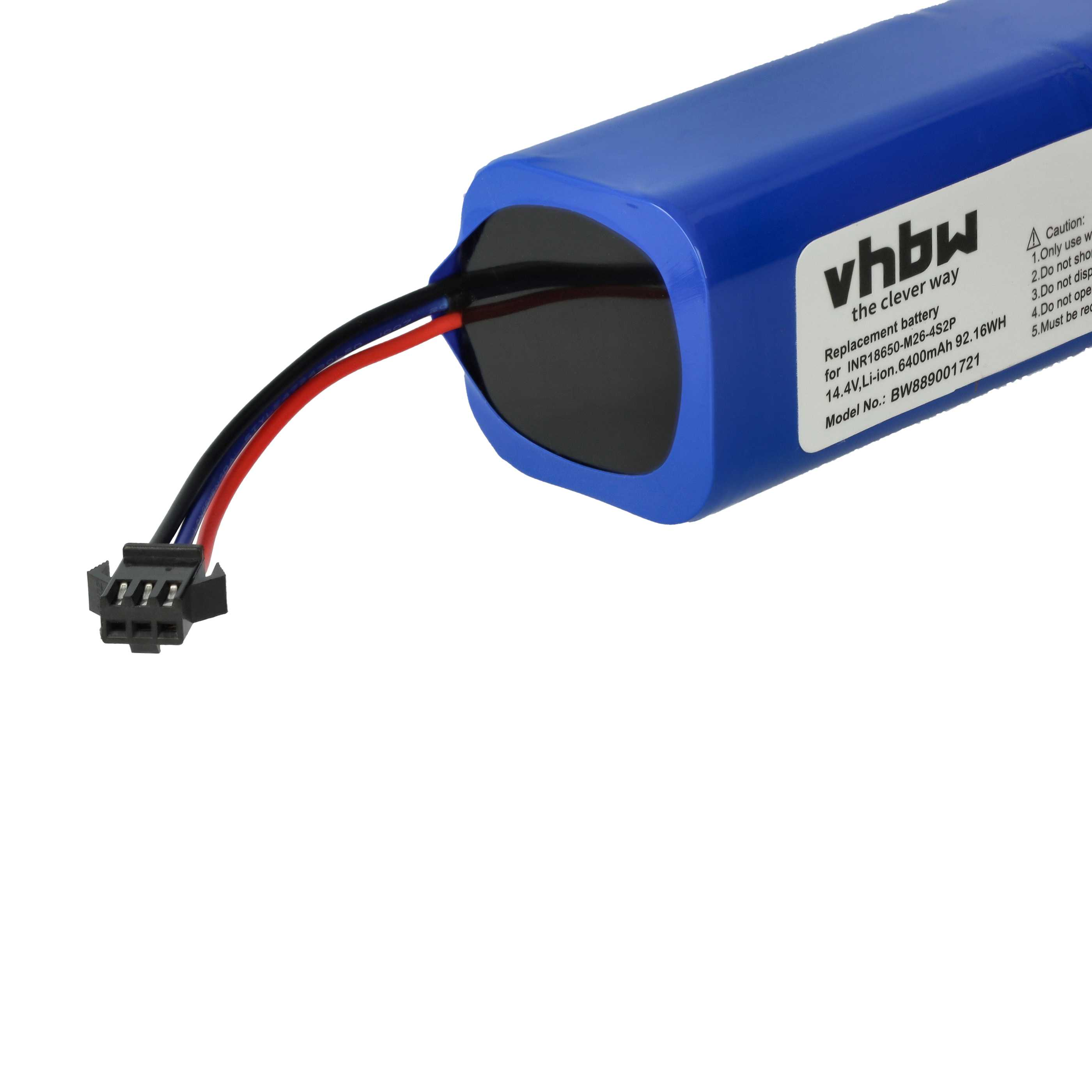 Ein blauer Akku mit schwarzen und roten Drähten und einem Stecker. Auf dem Akku steht vhbw und Informationen zum Ersatzakku.
