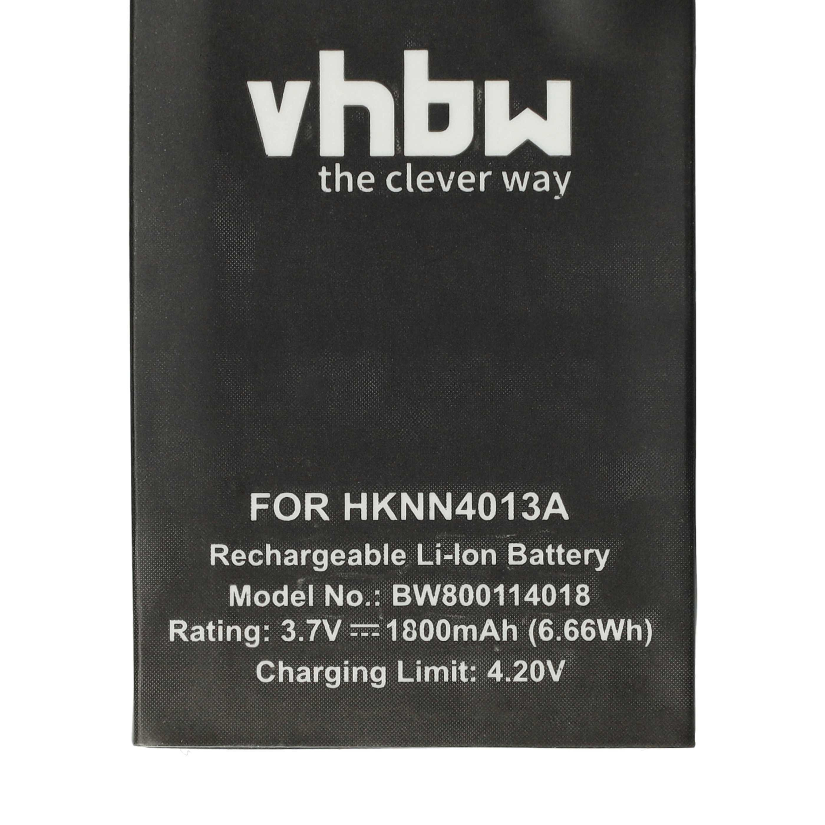 Schwarzes Etikett mit weißem Text. Es lautet 'vhbw, the clever way'. Details zu einer Batterie sind unten.