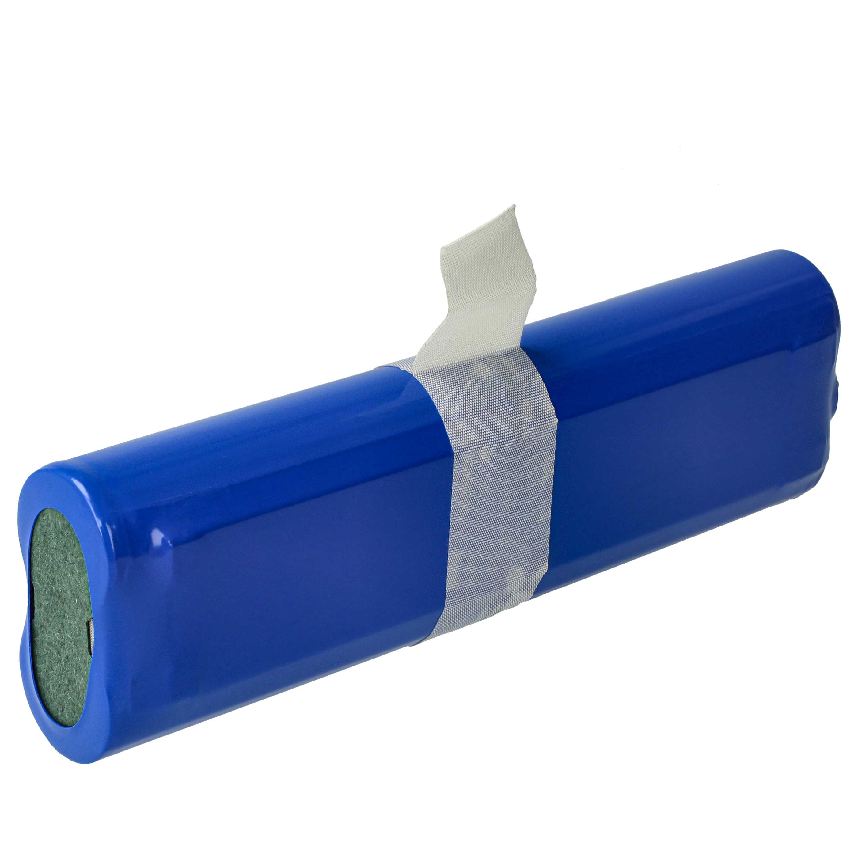 Ein blauer zylindrischer Akku, der von Klebeband zusammengehalten wird, vor weißem Hintergrund.