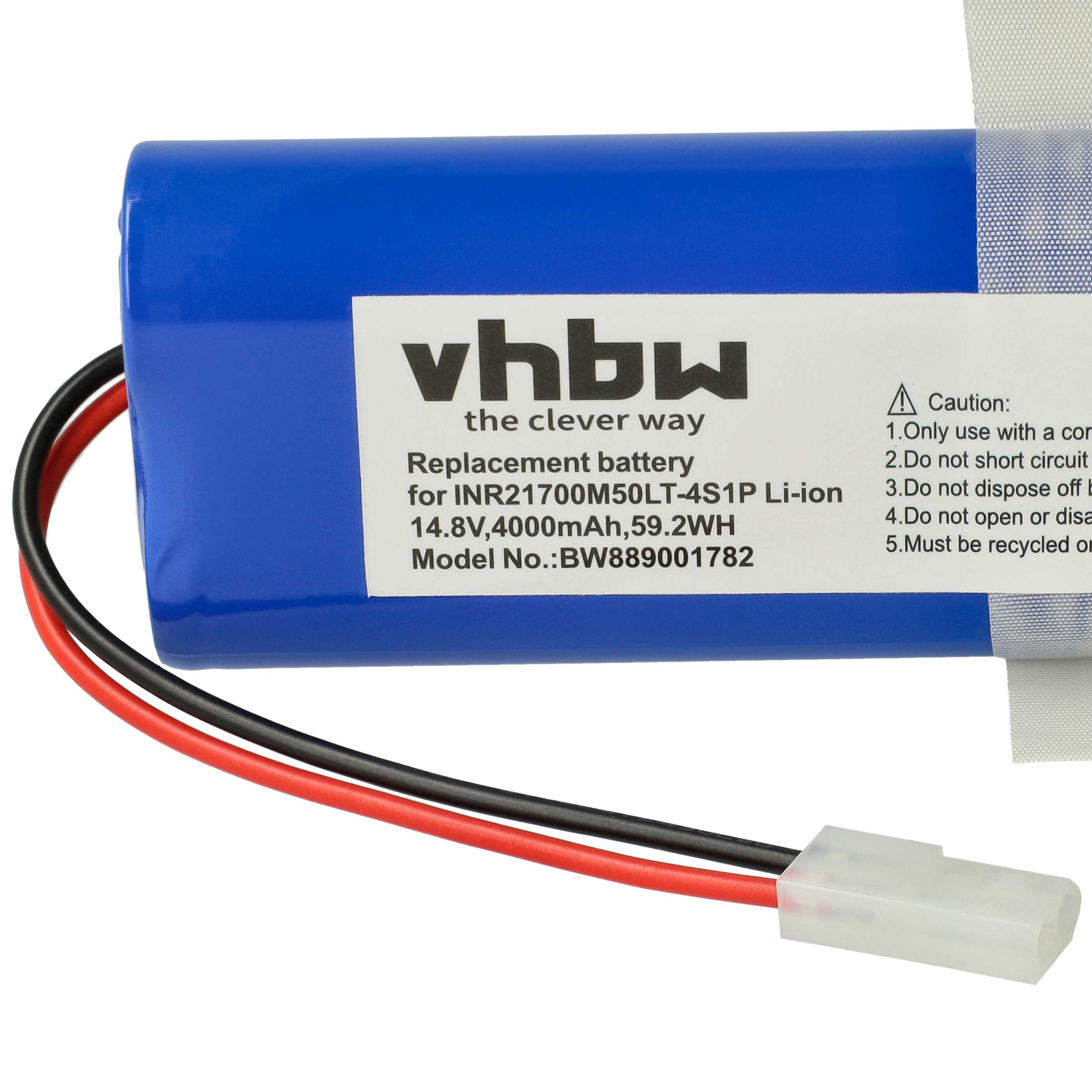 Blauer Akku mit weißem Etikett. Drähte und ein Stecker sind sichtbar. Etikettentext: vhbw, Ersatzbatterie.