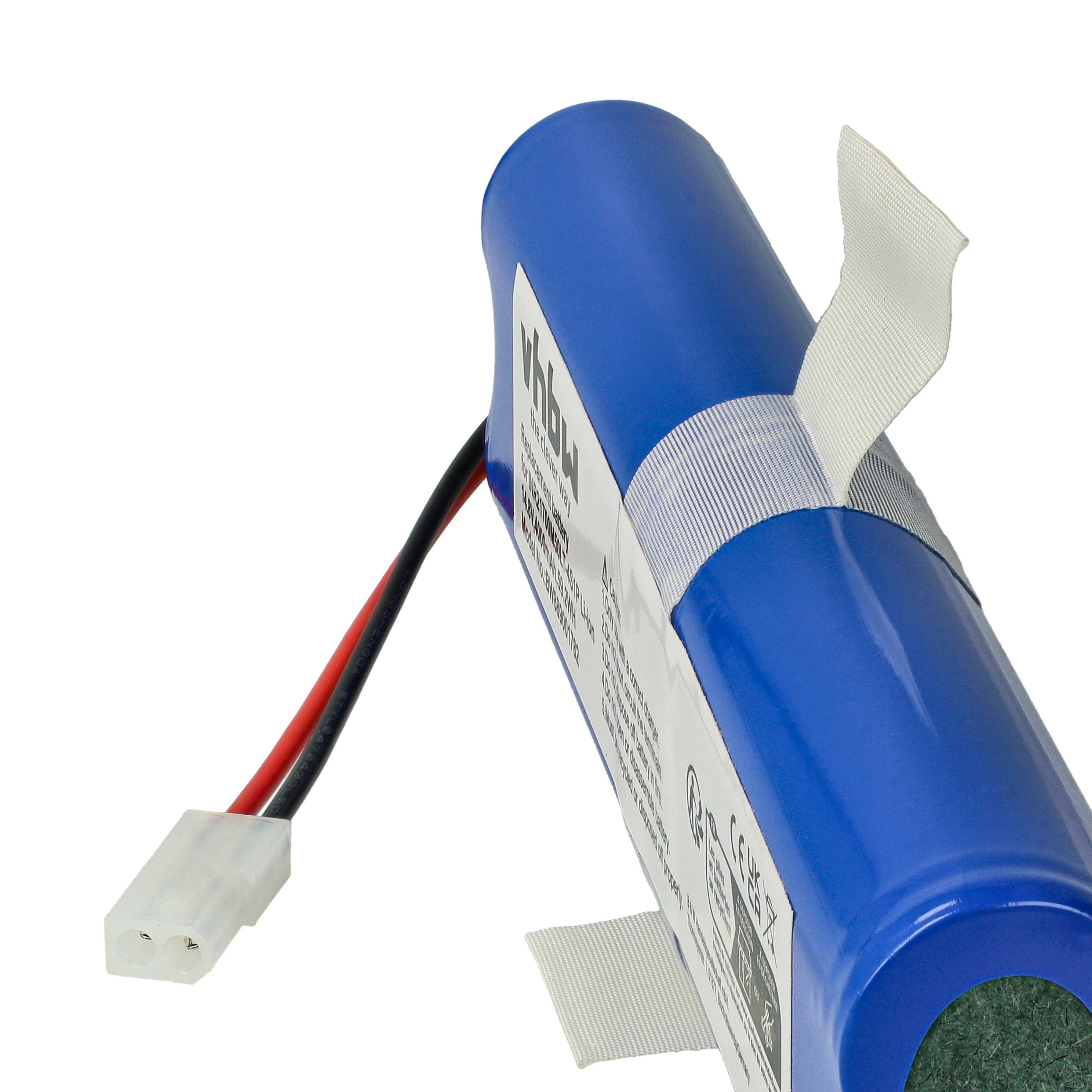Eine blaue zylindrische Batterie mit weißen Etiketten und einem weißen Stecker. Zwei Drähte, rot und schwarz, erstrecken sich von der Batterie.
