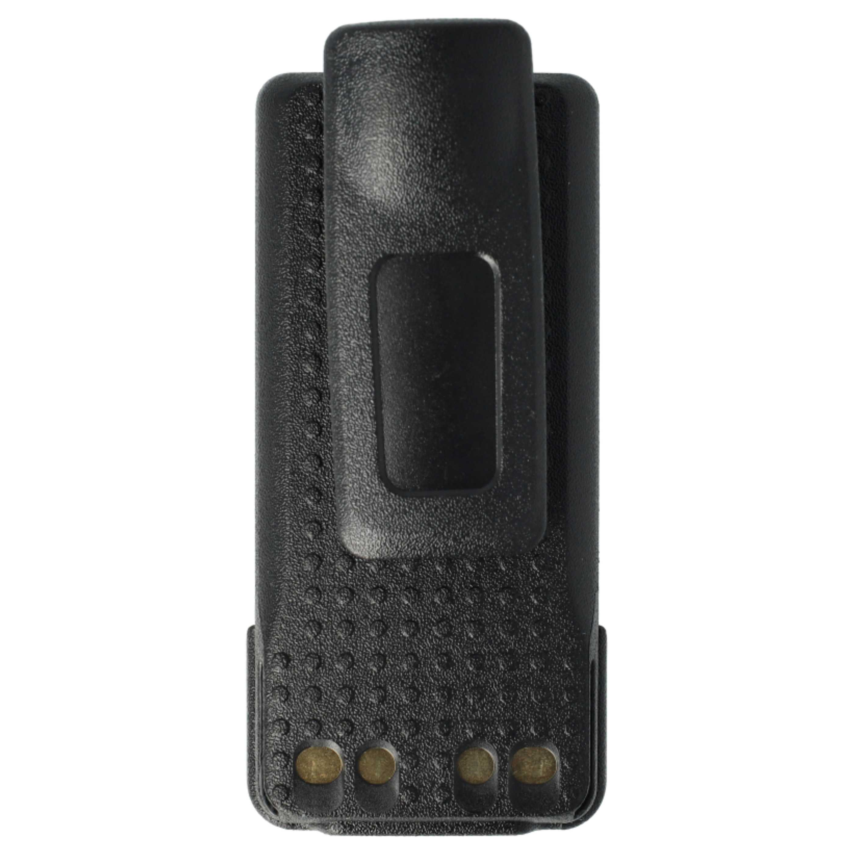Ein schwarzes Funkbatteriepack mit Gürtelclip. Der Boden hat vier goldfarbene Kontaktpunkte.