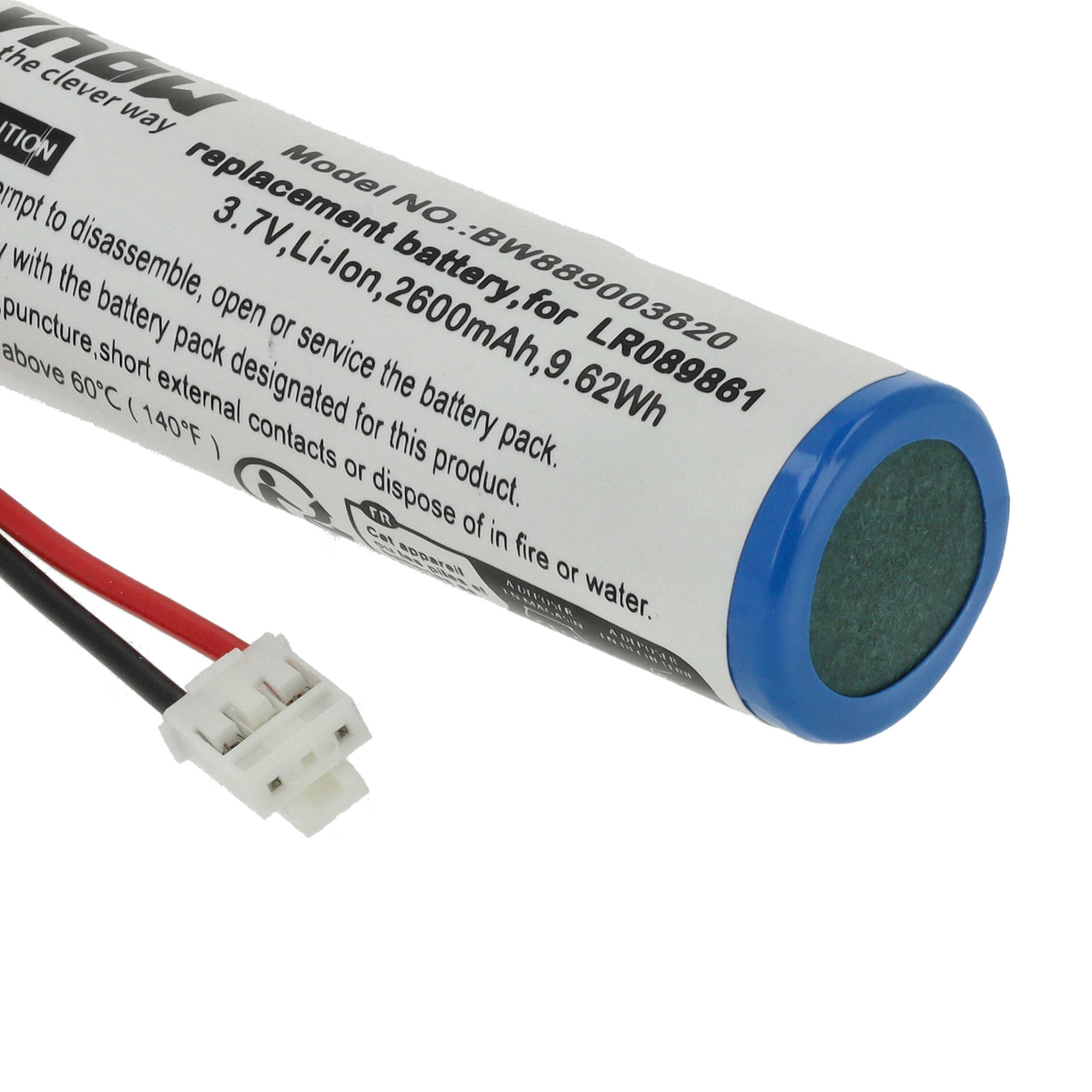 Eine zylindrische Batterie mit blauem Deckel. Sie hat Text, der darauf hinweist, dass es sich um eine 3,7-V-Li-Ionen-Ersatzbatterie handelt.