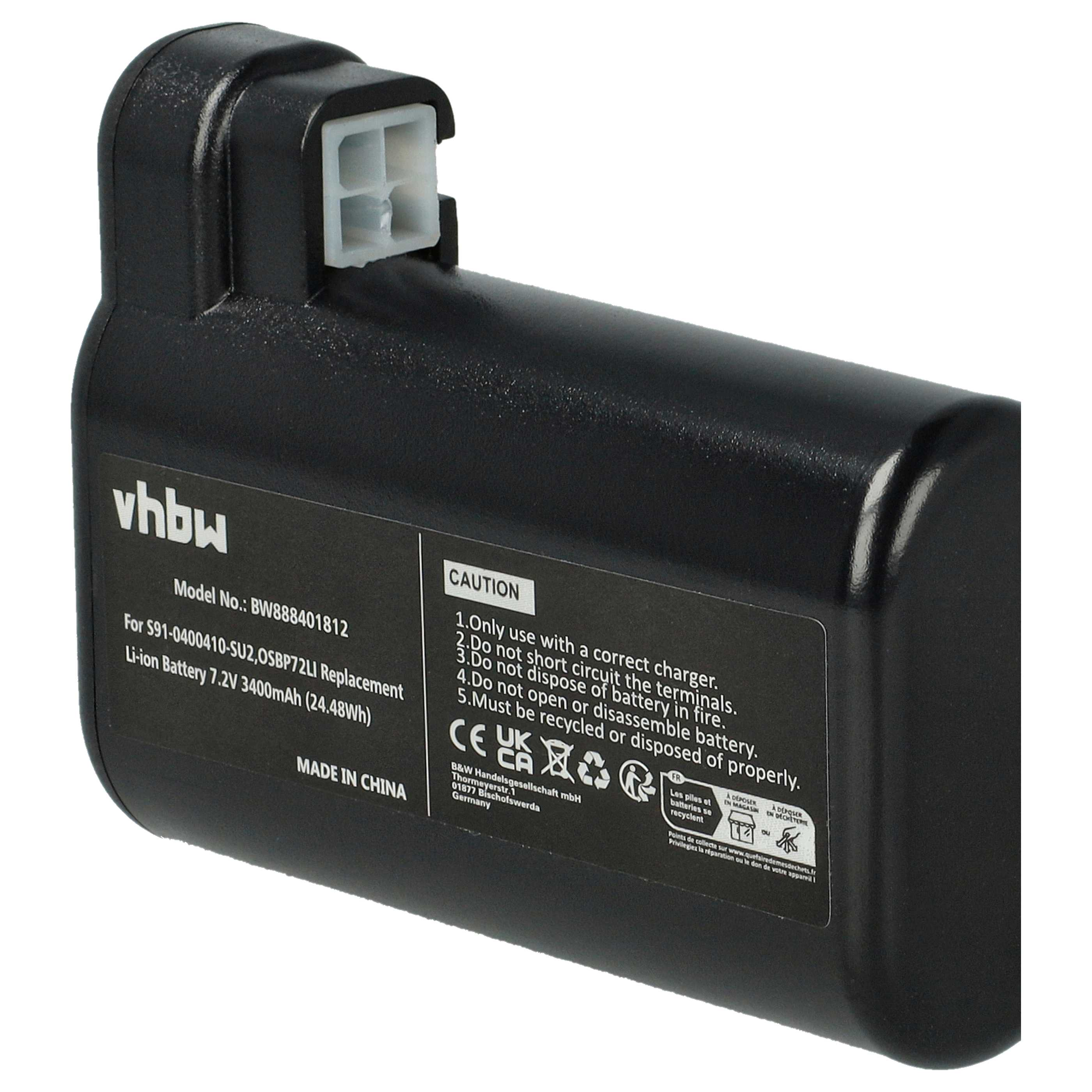 Schwarzer Akku mit weißem Text, Modellnummer und Warnhinweisen. Enthält einen weißen Stecker.