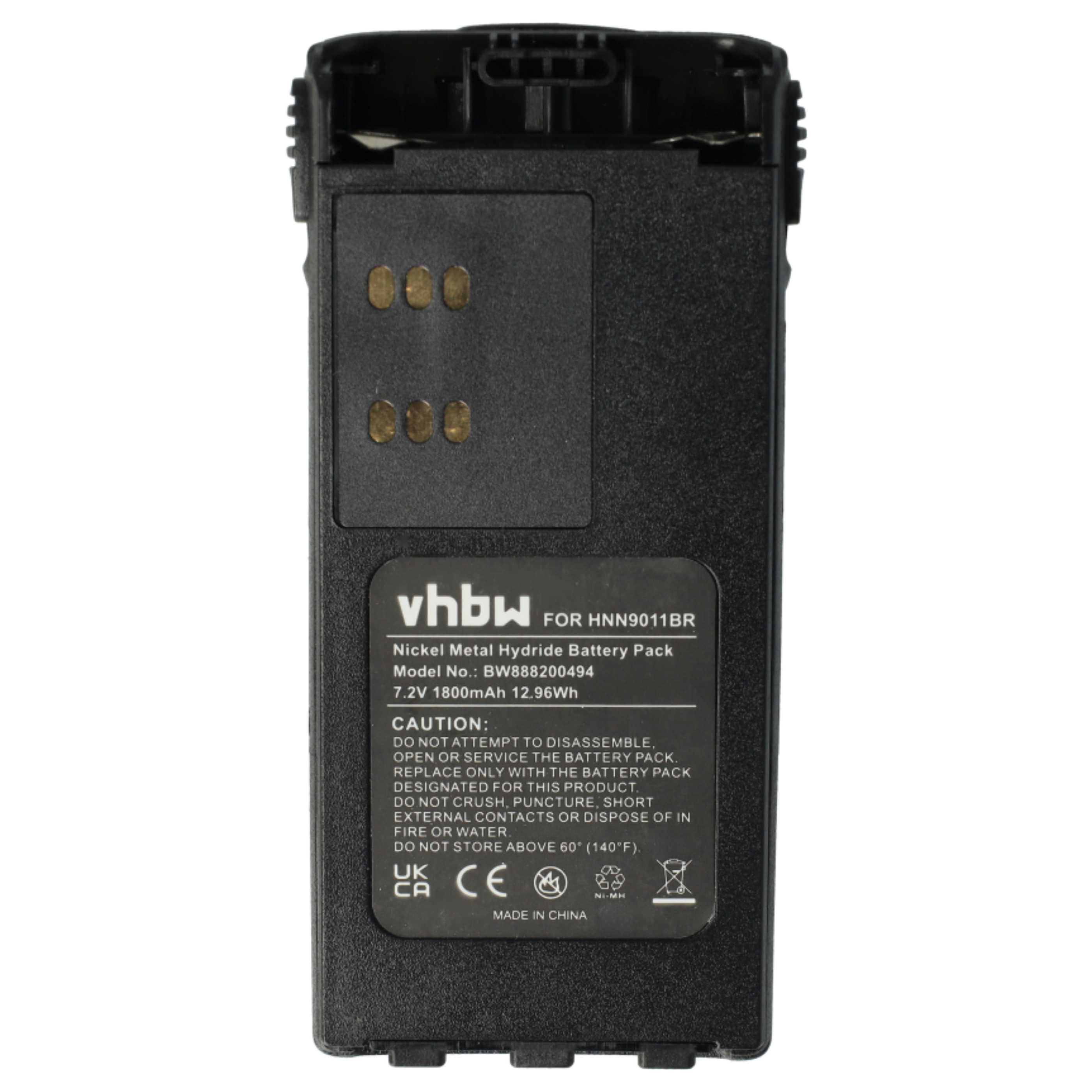 Ein schwarzer Akku mit Text, Markenname vhbw, Modellnummer BW888200494. Es hat Warnungen und Spezifikationen aufgedruckt.