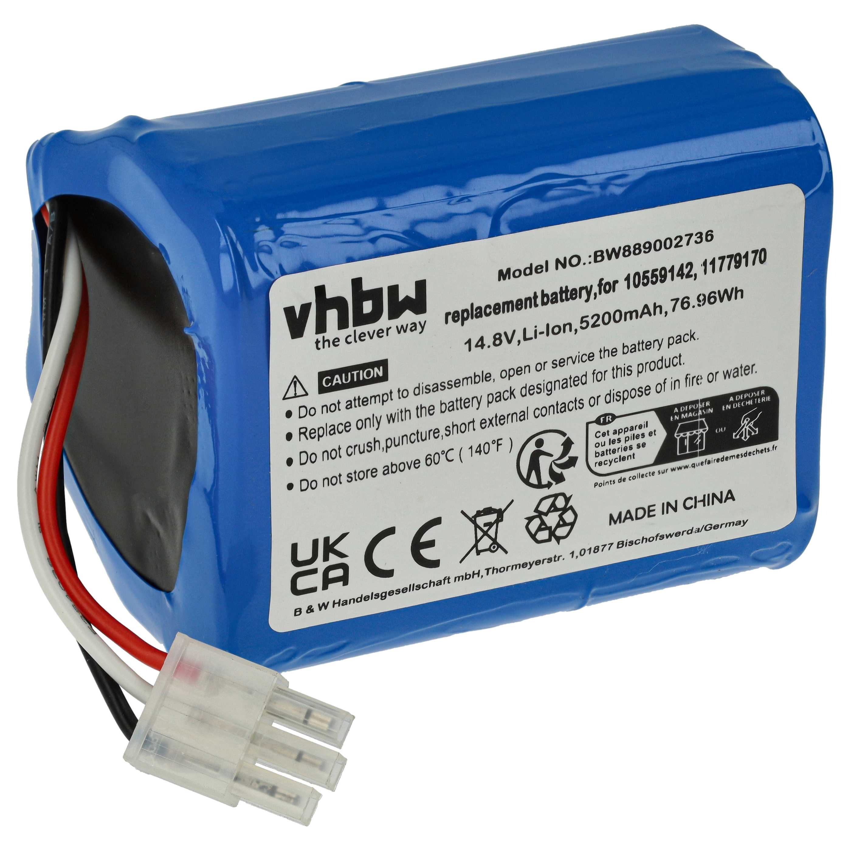 Blaue vhbw-Batterie mit weißem Etikett und Warnhinweis. Drähte und Stecker sind sichtbar. 'Made in China' ist ebenfalls sichtbar.