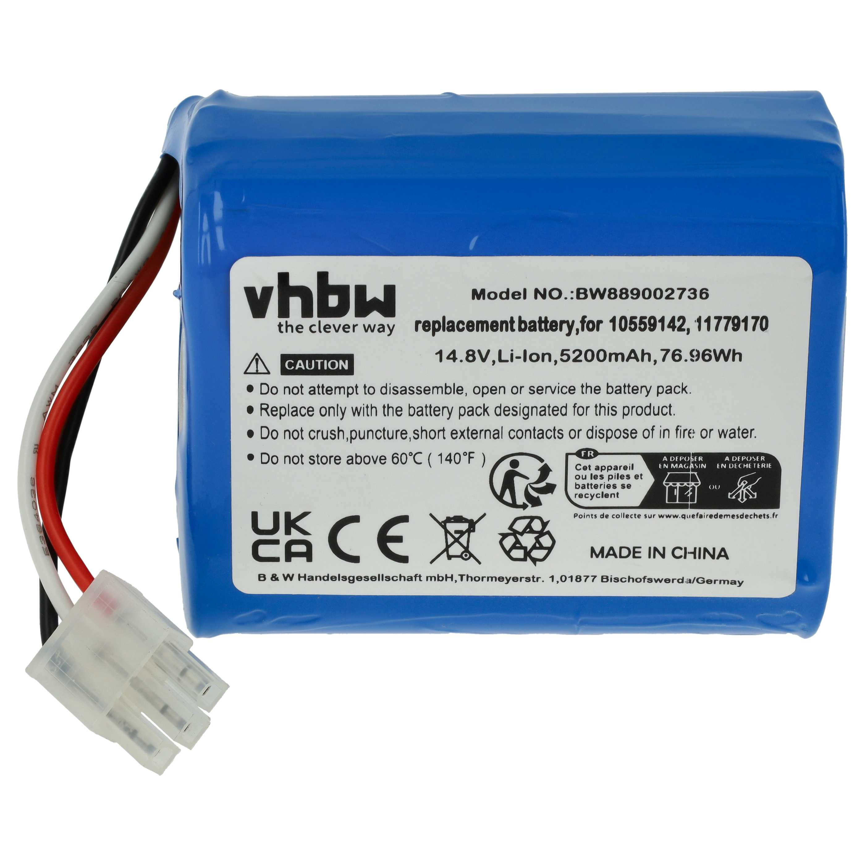 Ein blauer Akku mit Text und Warnhinweisen. Kabel und ein Stecker sind befestigt. Hergestellt in China.
