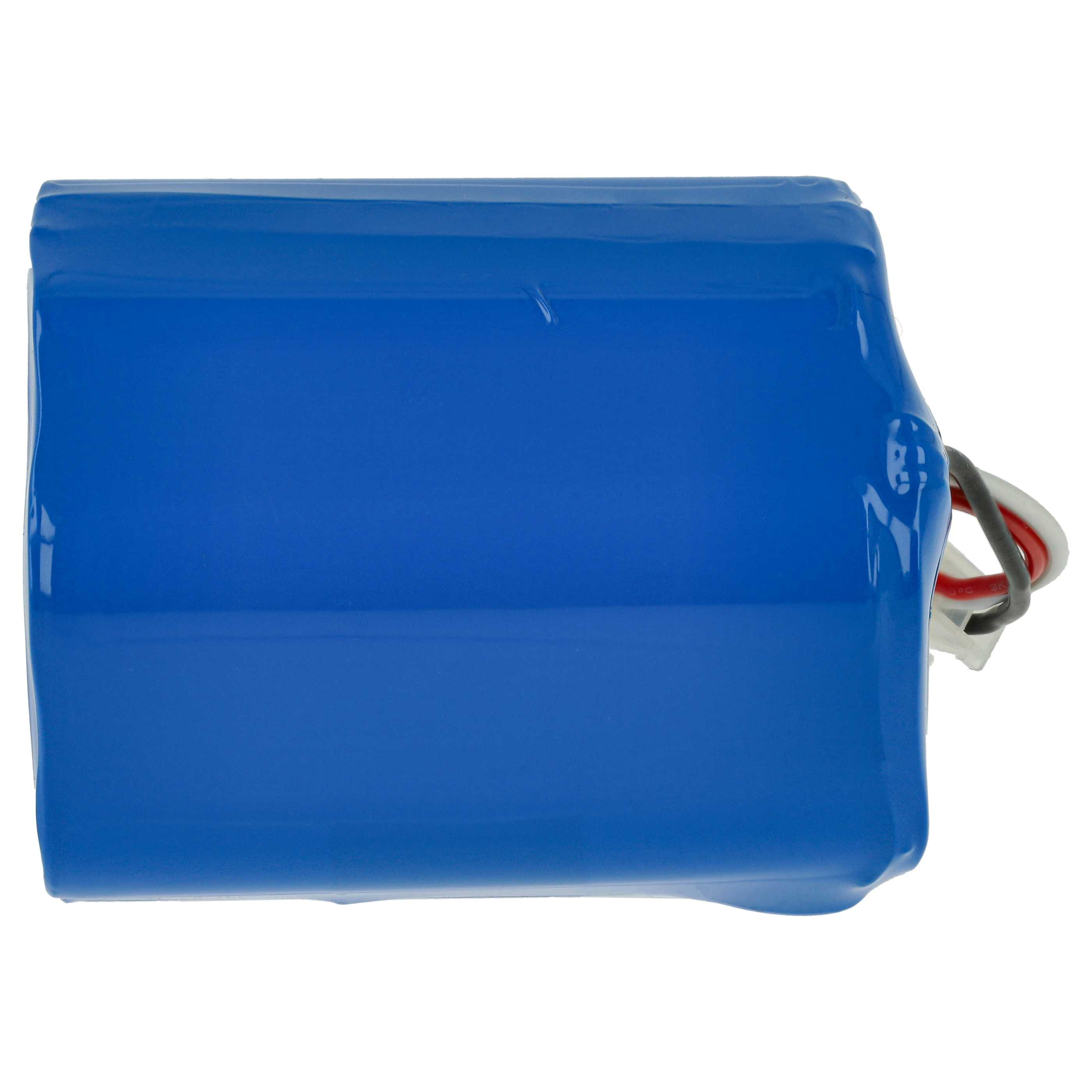 Ein blaues rechteckiges Batteriepack mit angebrachten Drähten. Das Pack befindet sich vor einem weißen Hintergrund.