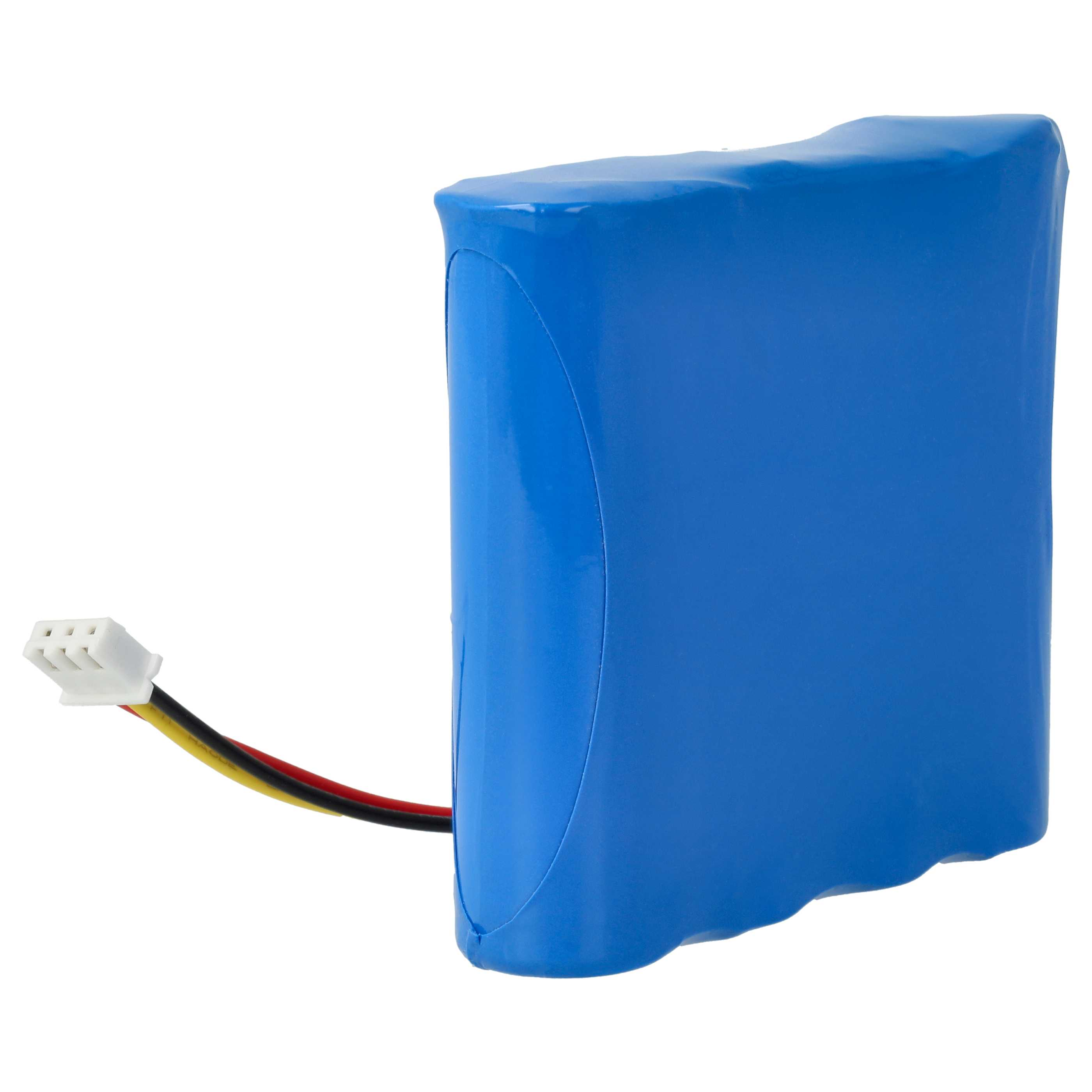 Ein blaues Batteriemodul mit weißem Stecker und farbigen Drähten auf weißem Hintergrund.