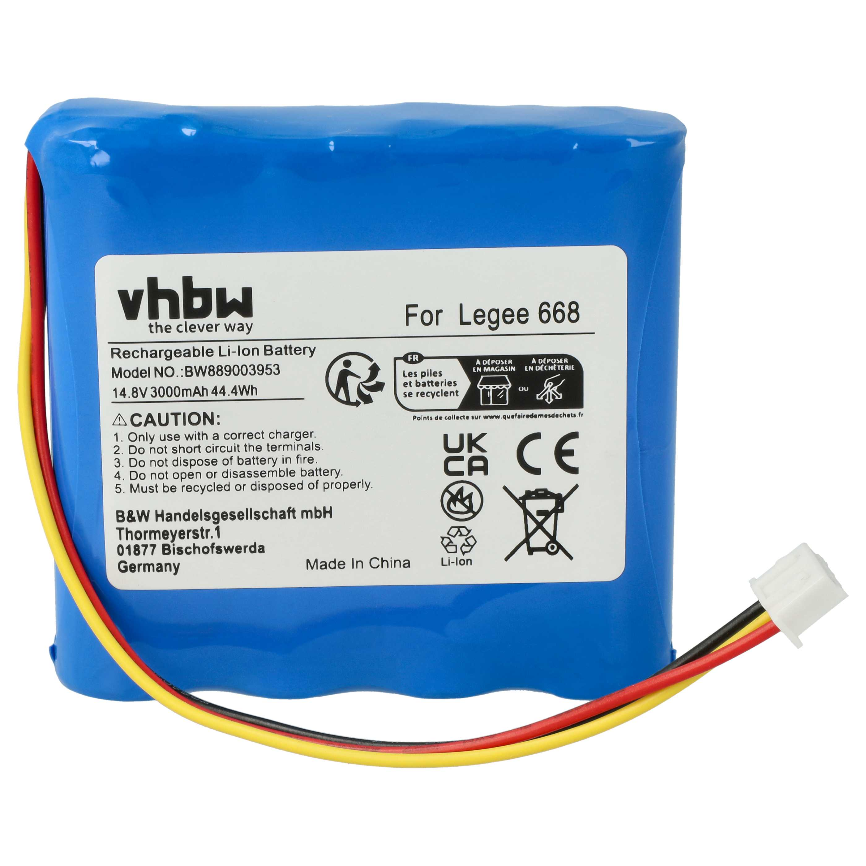 Ein blauer, wiederaufladbarer Li-Ionen-Akku mit weißem Etikett. Enthält Sicherheitshinweise und Recycling-Symbole. Kabel mit Stecker sind angebracht.