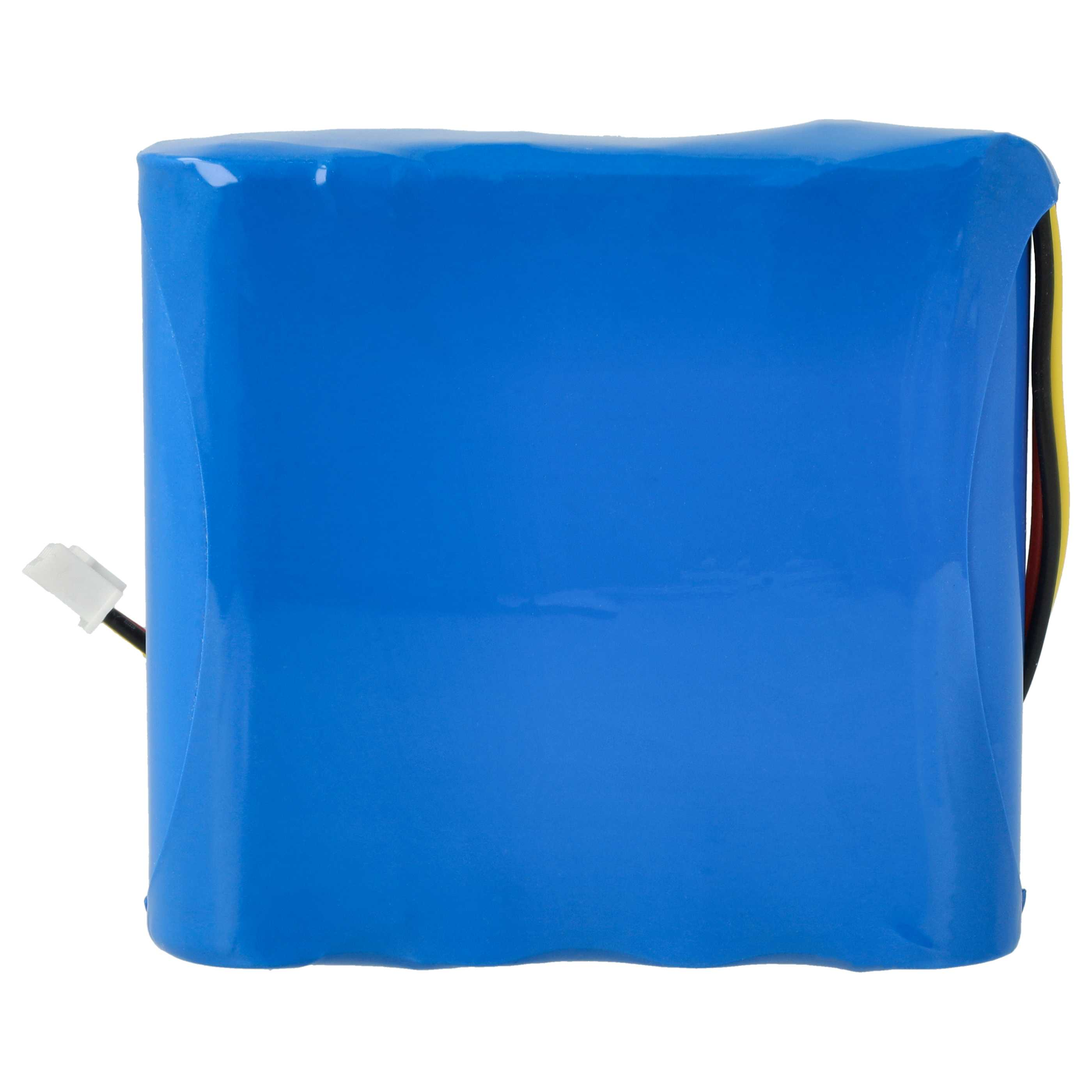 Ein blaues rechteckiges Batteriepaket mit weißem Stecker und schwarzen/gelben Drähten. Weißer Hintergrund.