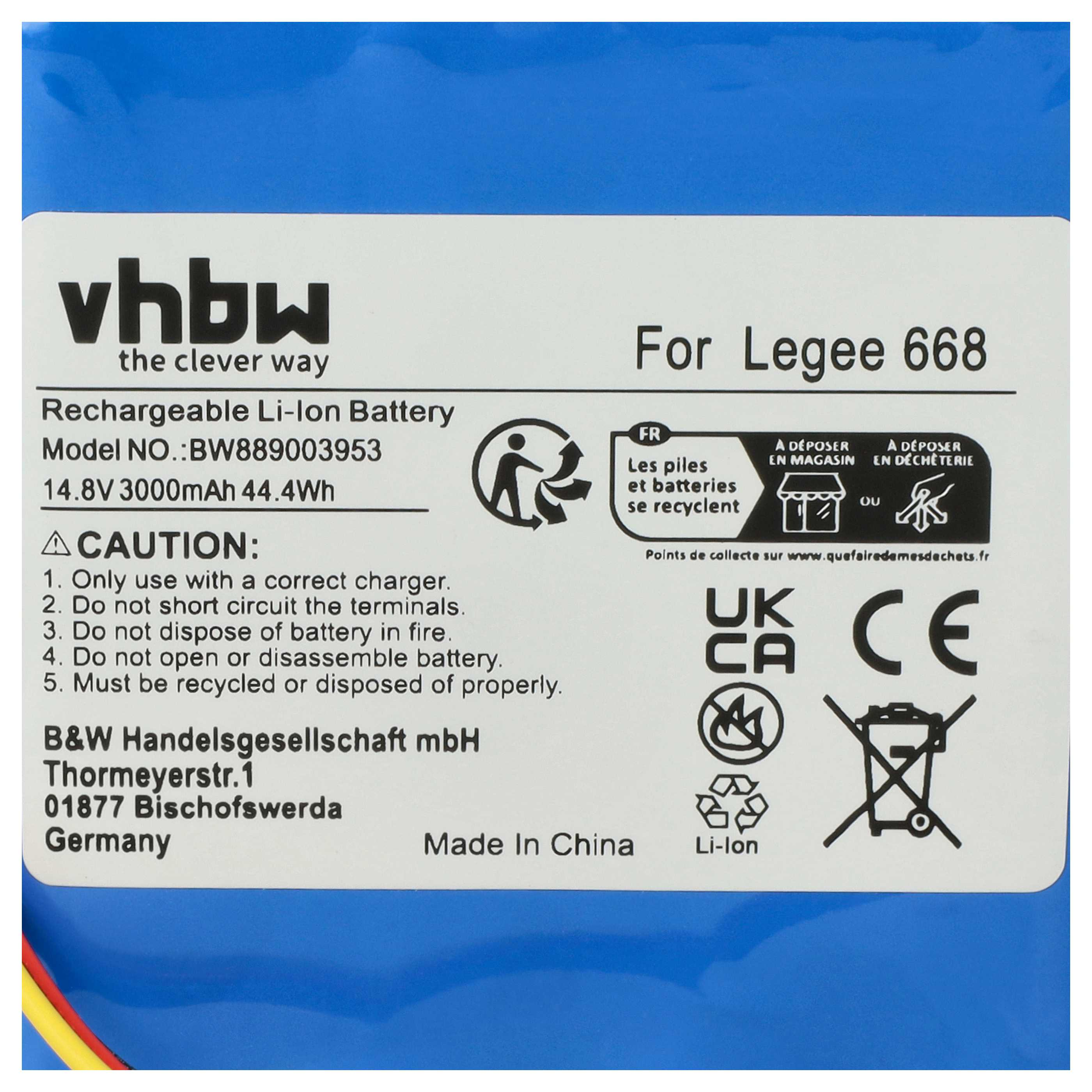 Batterieetikett mit Warnhinweisen, Spezifikationen und Recyclinginformationen. Weißer Hintergrund mit blauem Rand. Text in Englisch und Französisch.
