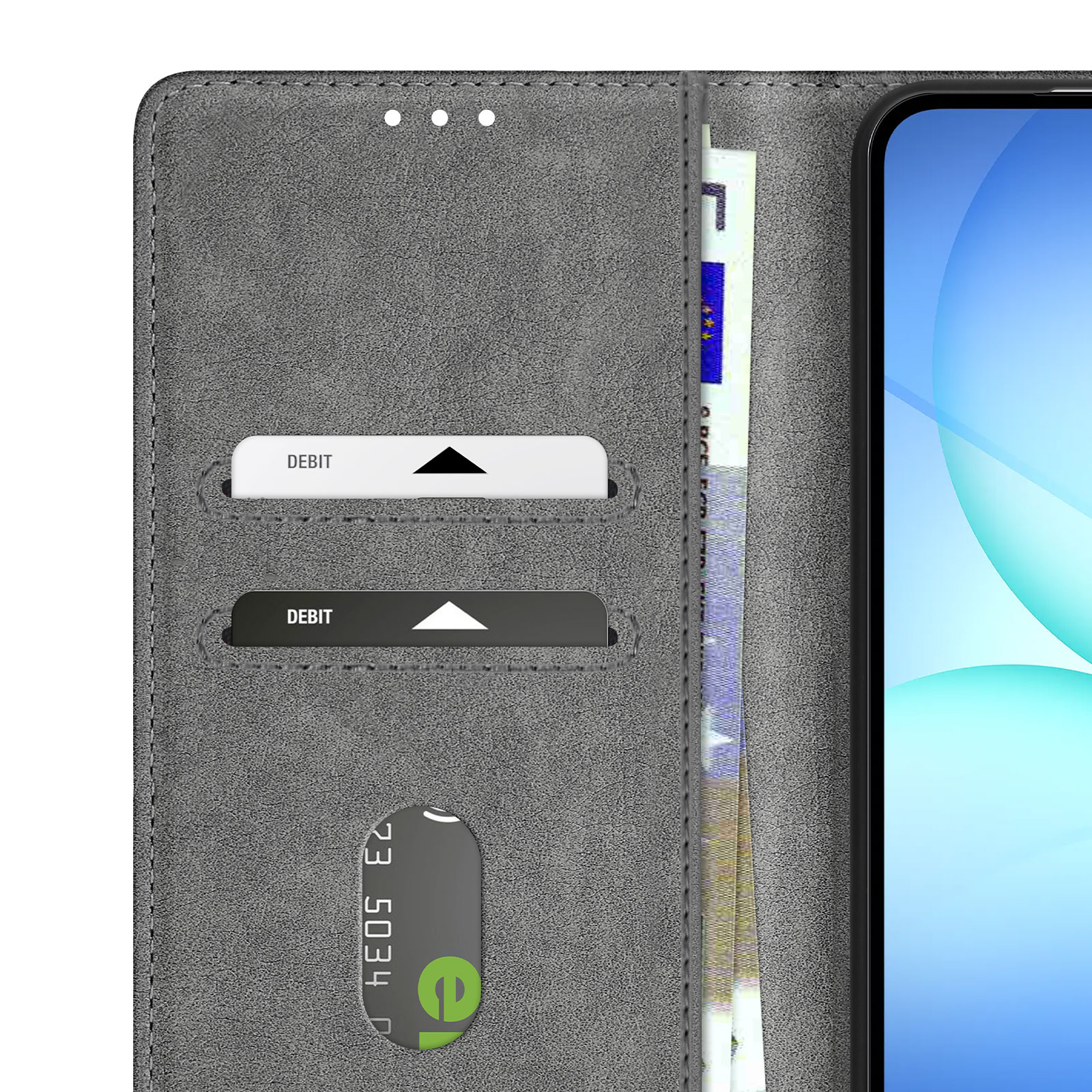 Una custodia grigia per telefono con scomparti per carte. Un telefono è parzialmente visibile. Banconote in euro nella custodia.
