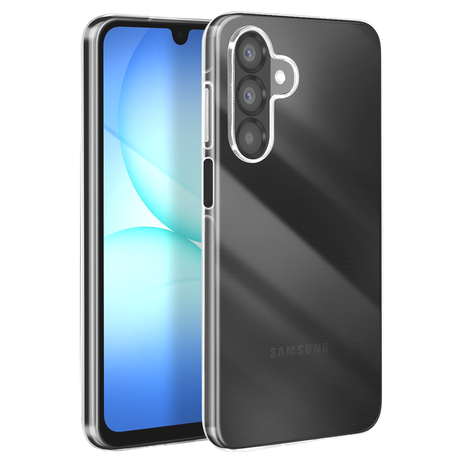 Un smartphone avec une coque de protection transparente. La coque montre l'arrière du téléphone avec l'appareil photo et le logo Samsung.
