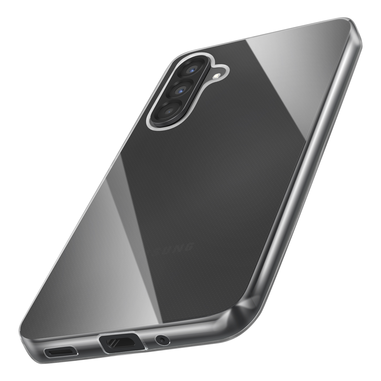 Une coque de téléphone transparente, vue en biais, montrant les lentilles de l'appareil photo et les ports. L'arrière du téléphone est visible.