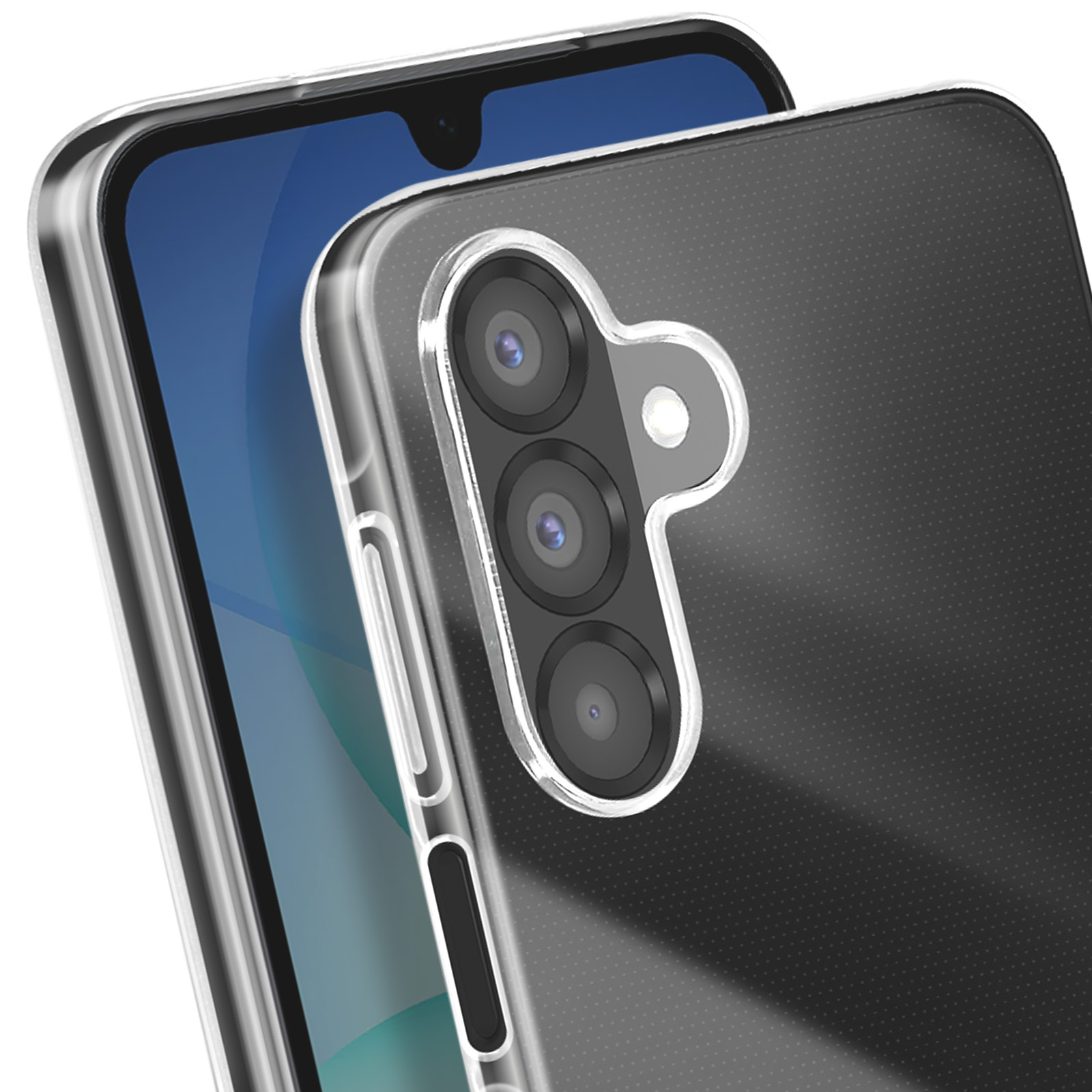 Coque de téléphone transparente sur smartphone. Objectif triple caméra et écran visibles. La coque est transparente.