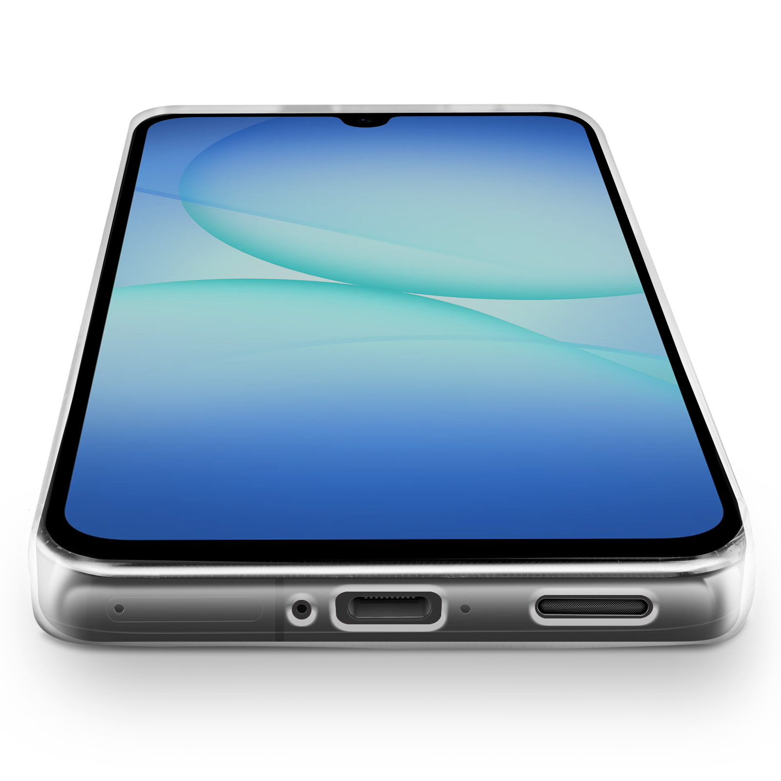 Smartphone dans un étui transparent. L'écran affiche un design abstrait bleu et turquoise. Le téléphone est sur une surface blanche.
