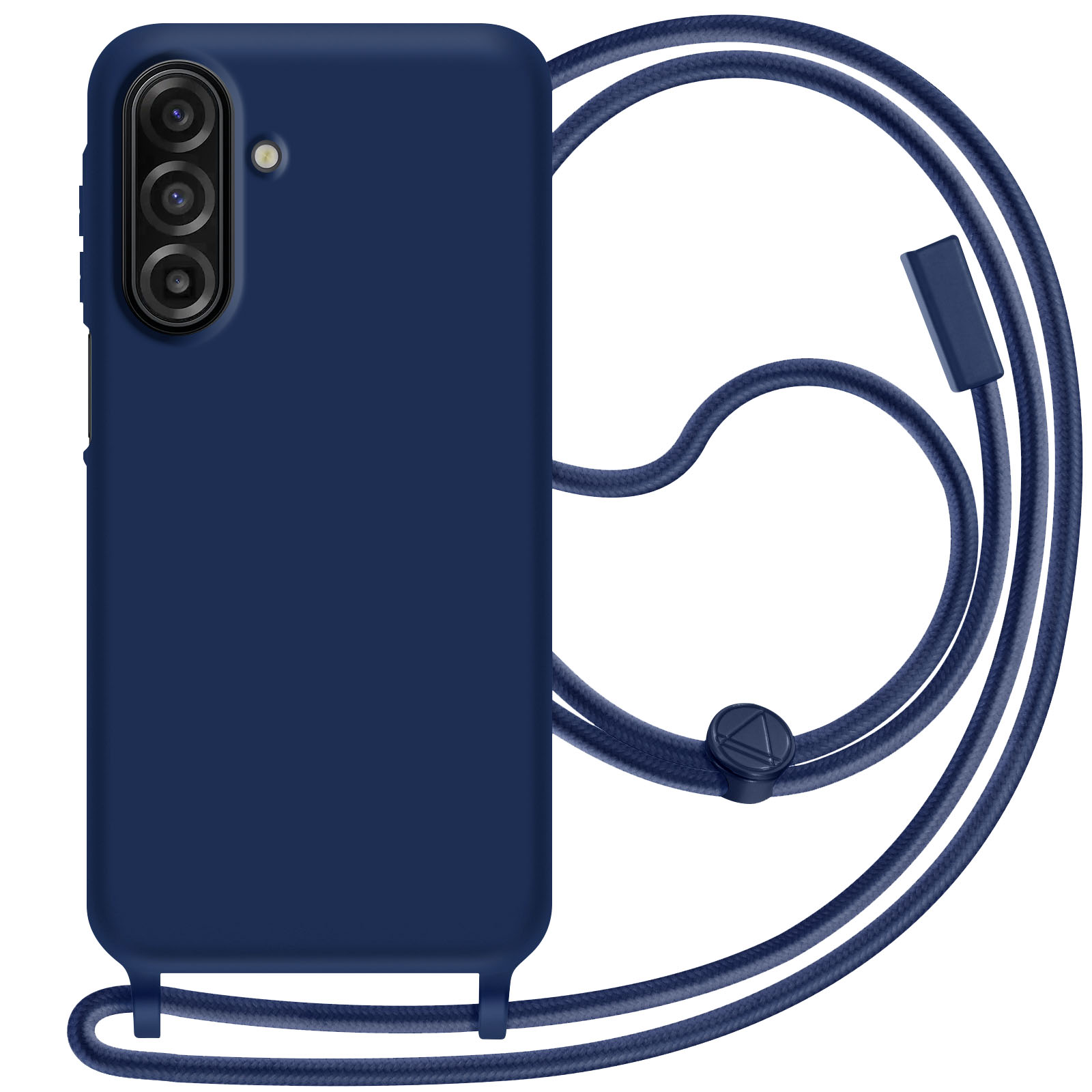 Coque de téléphone bleu marine avec cordon. La coque a une caméra et des boutons. Le cordon est bleu marine avec fermoir plastique.