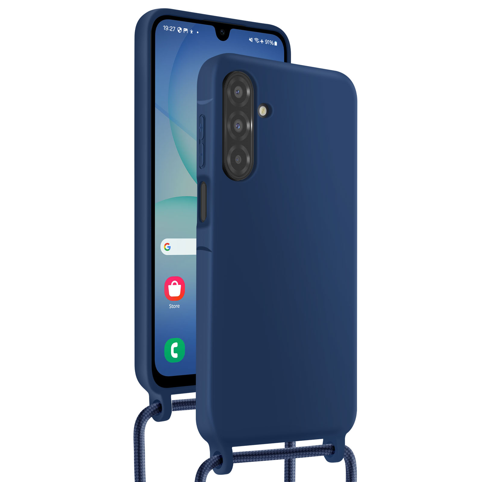 Un téléphone bleu avec un étui et une sangle assortis. L'écran affiche des applications. L'étui couvre l'arrière.