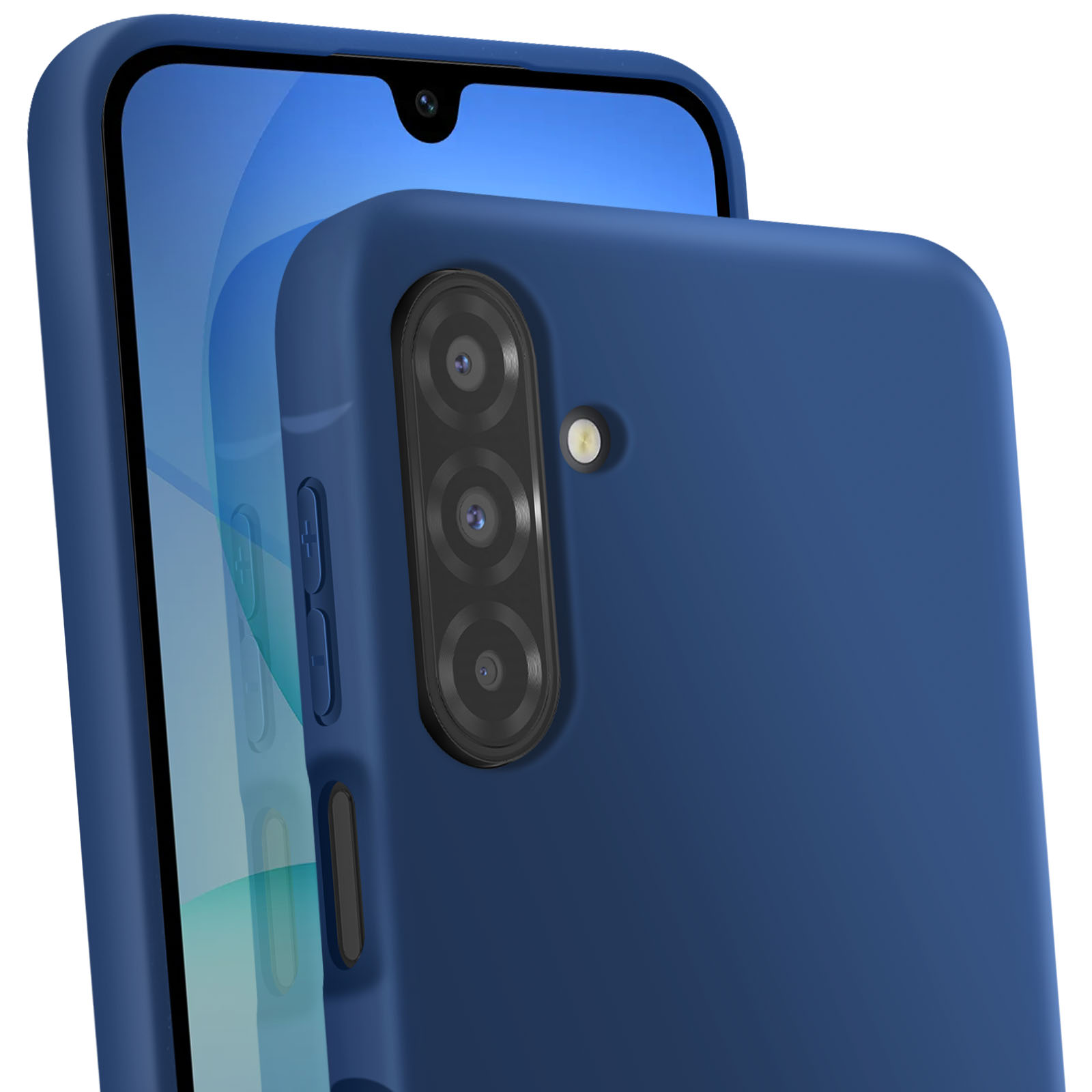 Un téléphone bleu avec une coque. Le téléphone a trois caméras arrière, une caméra avant et des boutons de volume.