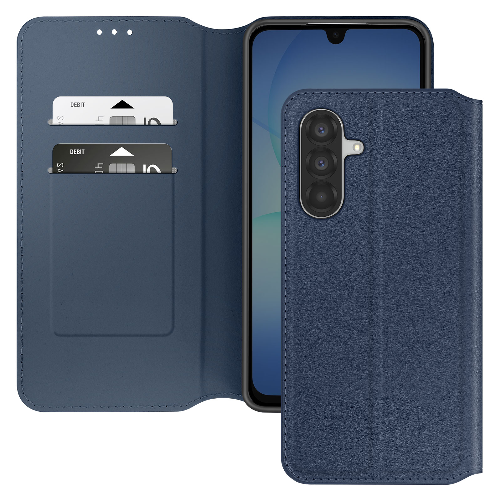 Una custodia blu per telefono con un telefono all'interno, con uno slot per carte contenente due carte di debito.