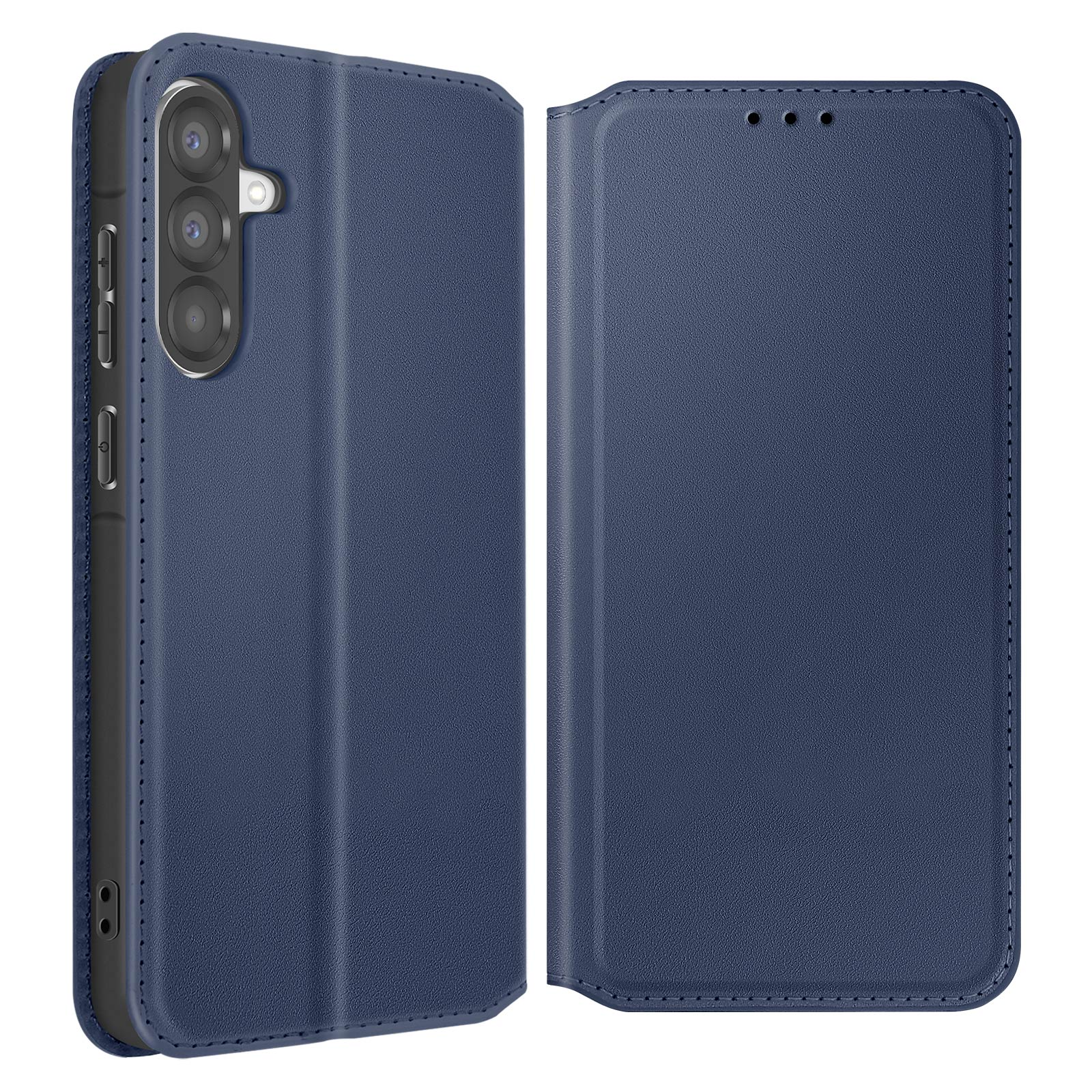 Funda de teléfono azul, abierta. El lado izquierdo sostiene un teléfono. El lado derecho tiene tres agujeros.