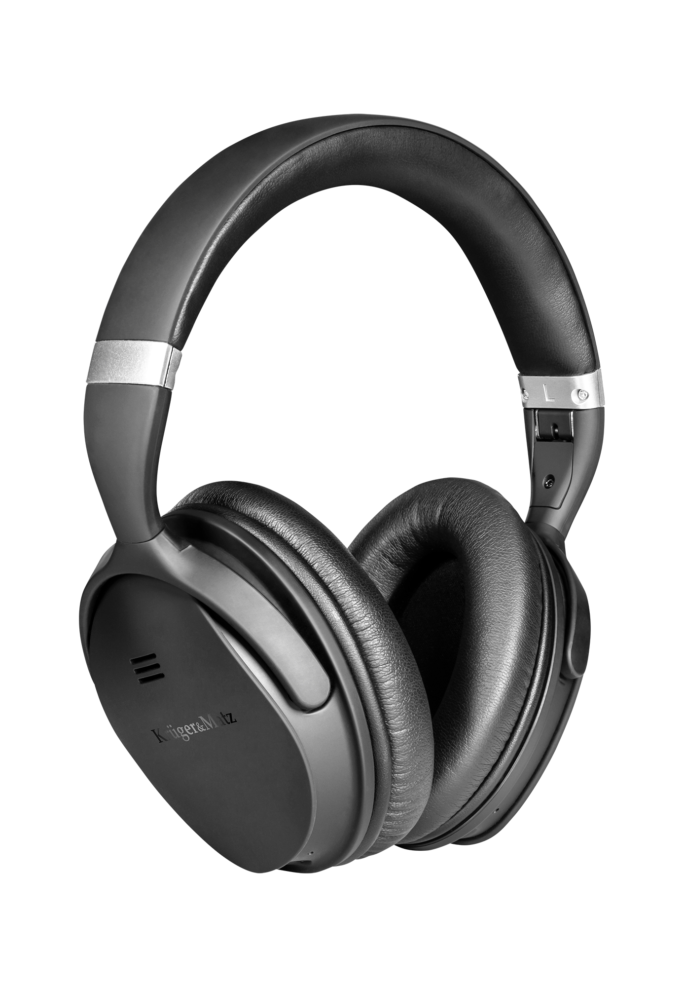 Czarne słuchawki nauszne z wyściełanym pałąkiem i nausznicami. Marka to Küger & Matz. Tło to ciemny wzór.