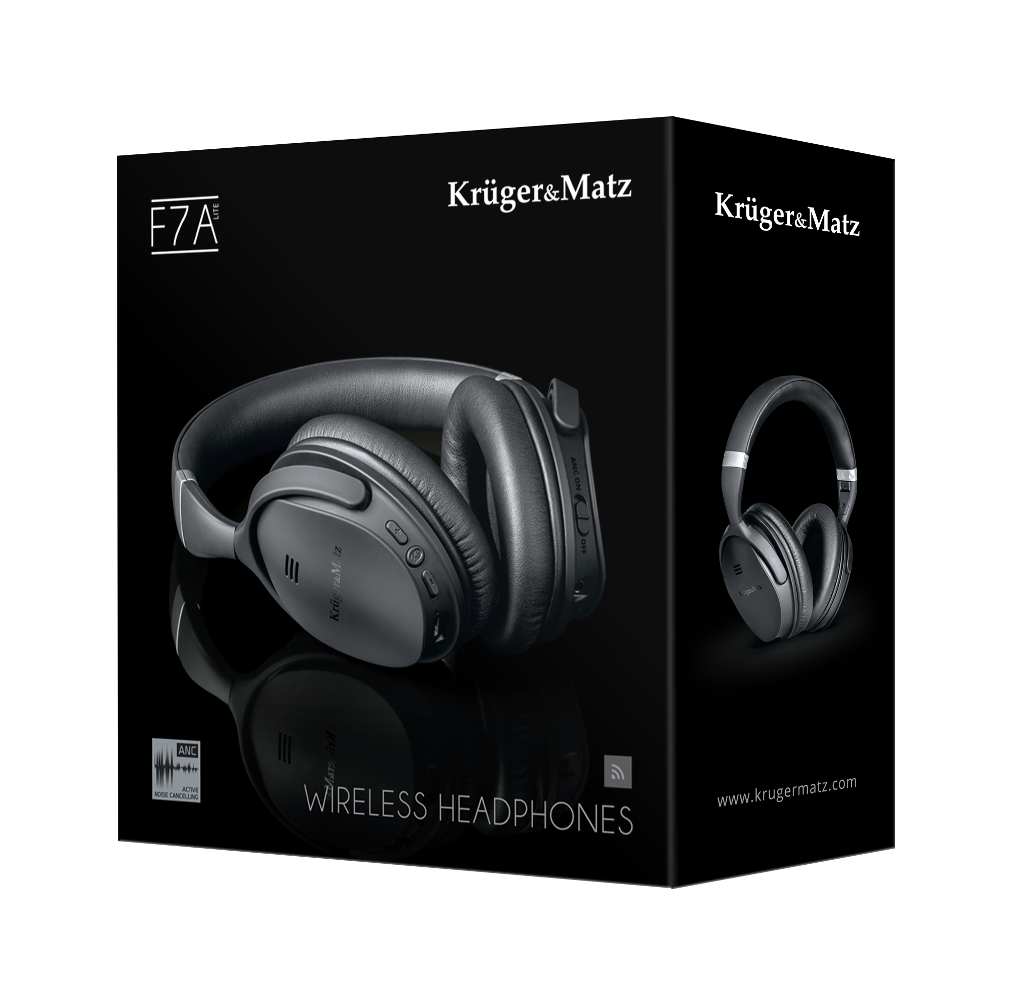 Pudełko z szarymi słuchawkami bezprzewodowymi. Na pudełku widnieje nazwa marki Krüger&Matz. Słuchawki są pokazane z różnych perspektyw.