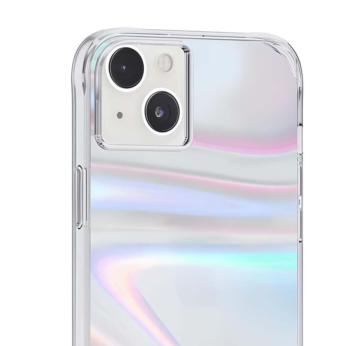 Primo piano di una custodia trasparente per telefono con retro iridescente. La custodia ha un modulo fotocamera con due lenti.