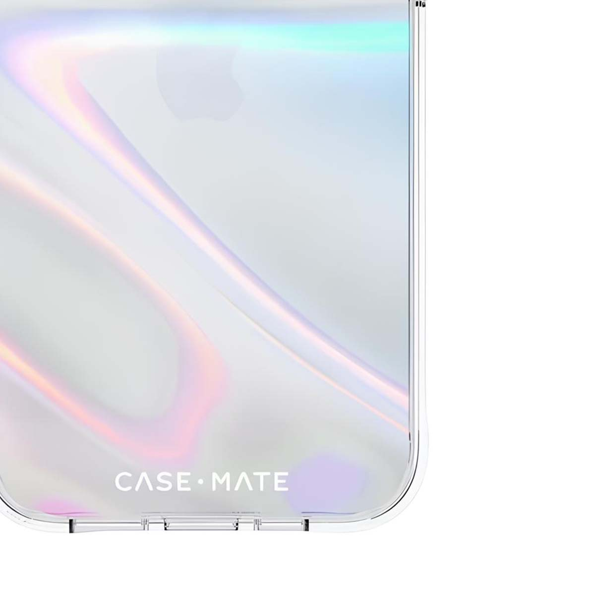 È mostrata una custodia trasparente per telefono con effetto perlato. Il testo "CASE MATE" è visibile. Il logo Apple è debolmente visibile.