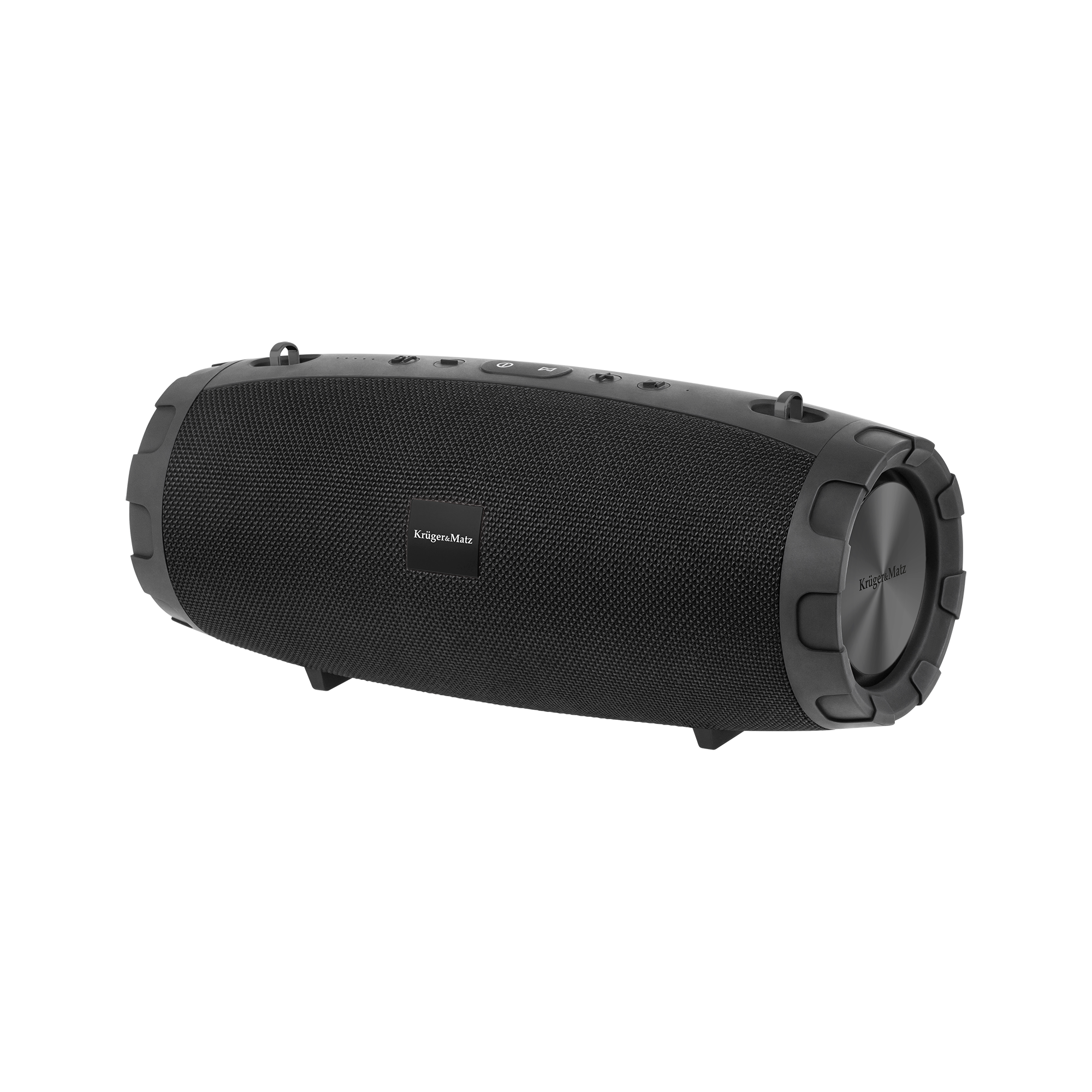 Czarny głośnik cylindryczny z marką 'Kruger&Matz'. Posiada przyciski i powierzchnię przypominającą siatkę.