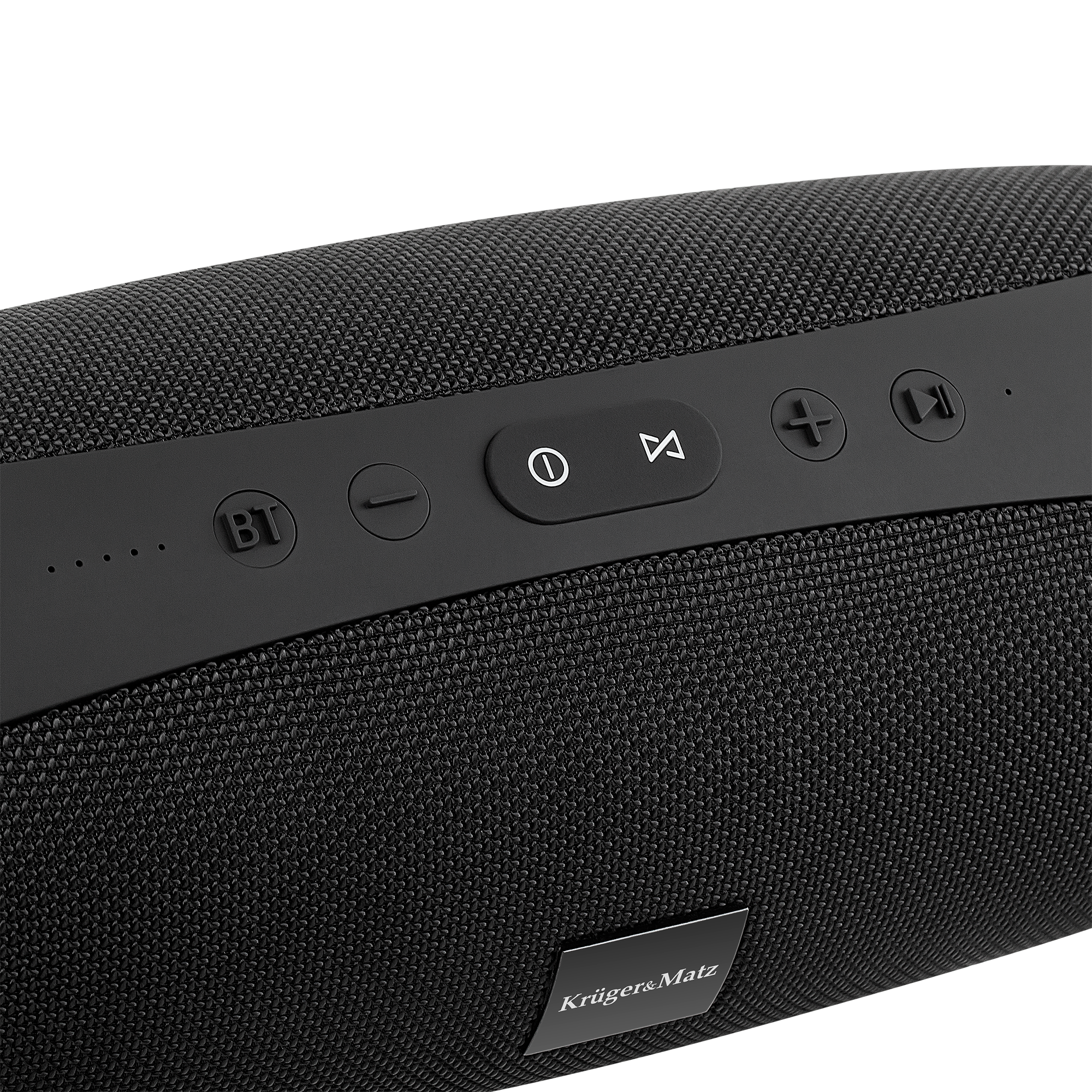 Czarny głośnik z przyciskami sterowania i logo. Przyciski obejmują zasilanie, głośność i Bluetooth. Teksturowana powierzchnia.