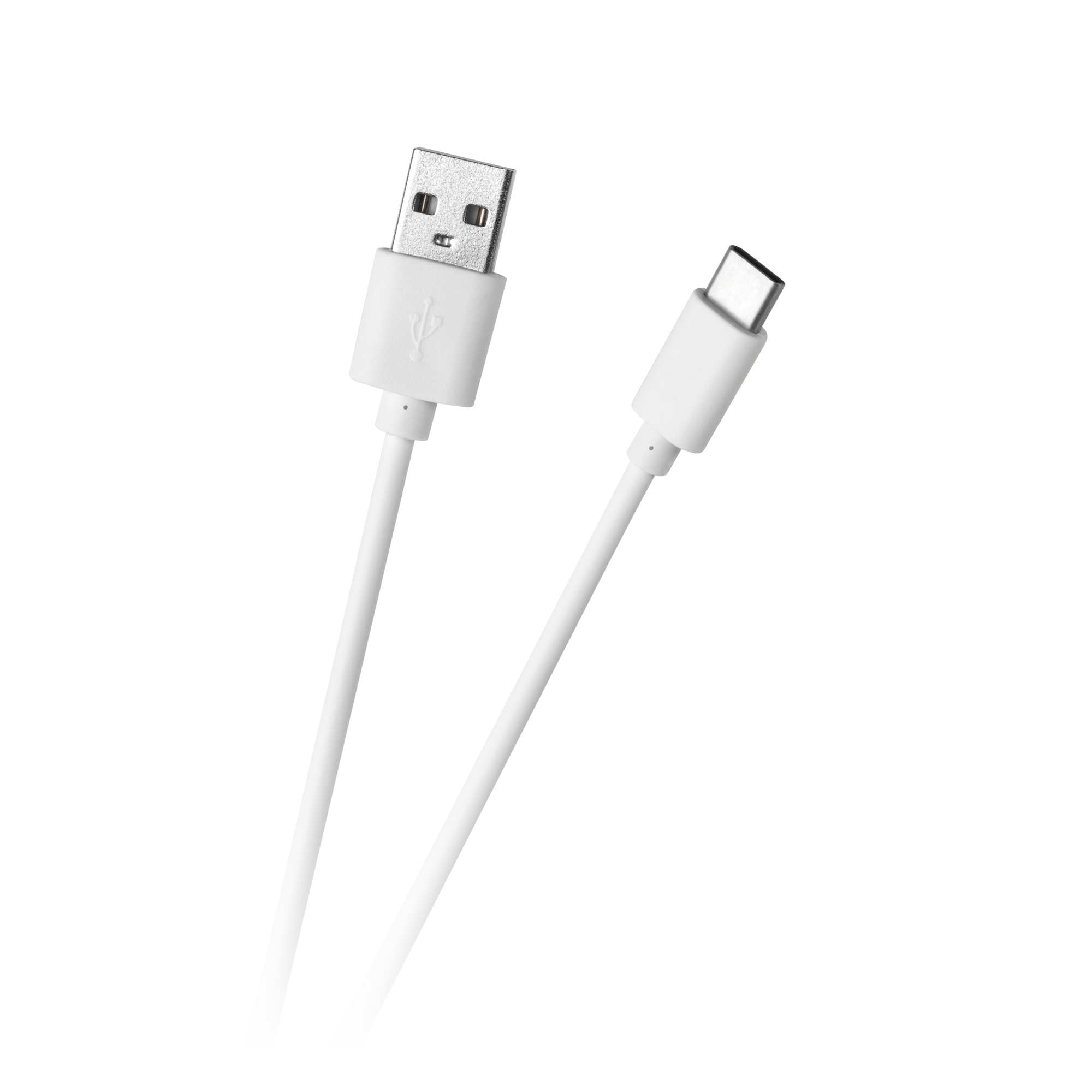 Białe kable USB i USB-C na białym tle. Ręka trzyma kable. Złącze USB jest srebrne.