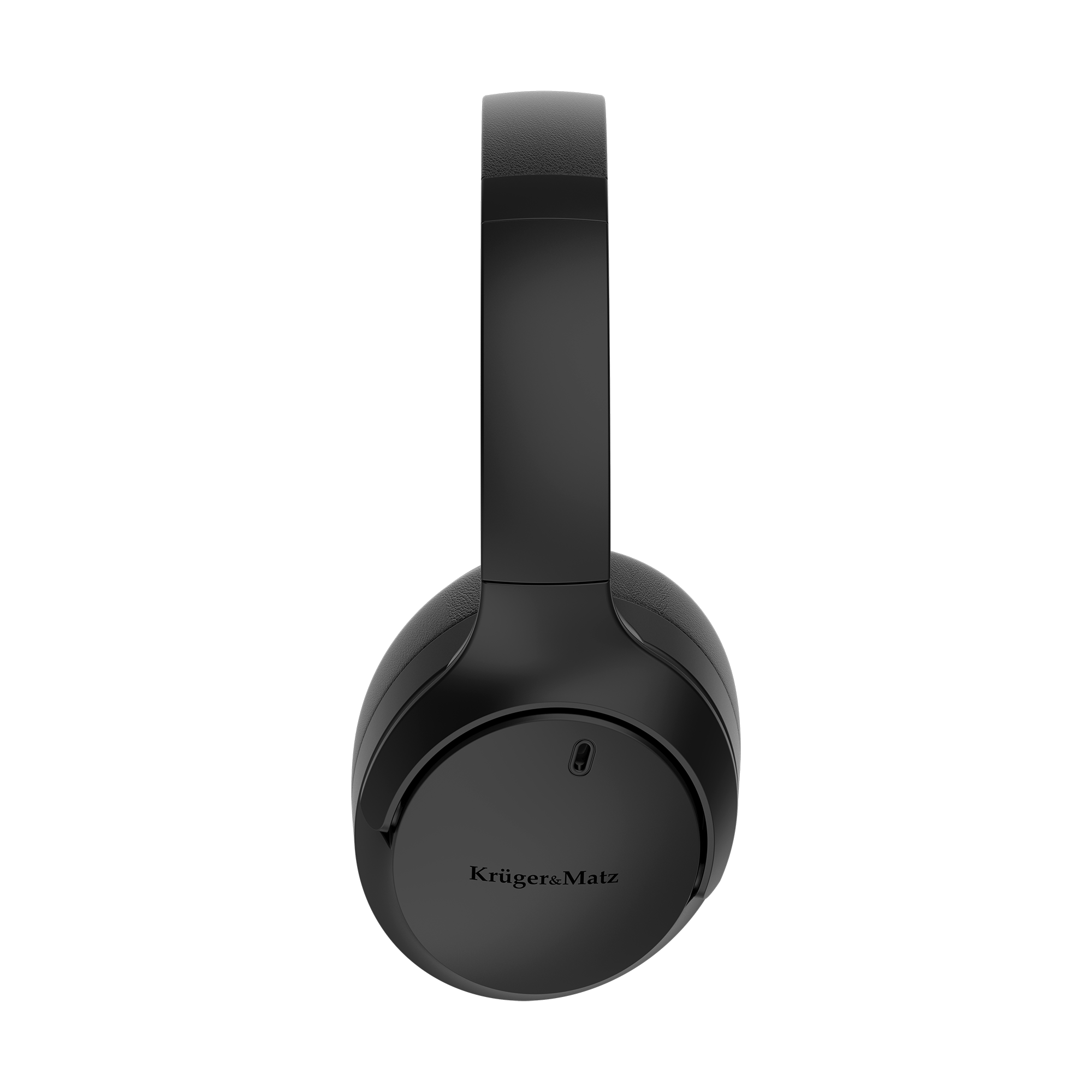 Czarne słuchawki nauszne. Lewa słuchawka ma nazwę marki. Tło jest białe z pionowymi liniami.