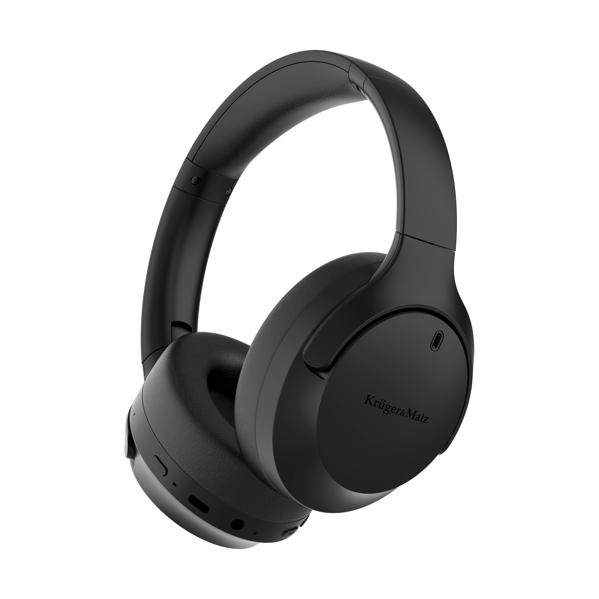 Czarne słuchawki nauszne z logo Krüger&Matz na muszli. Tło to czarno-biały wzór.