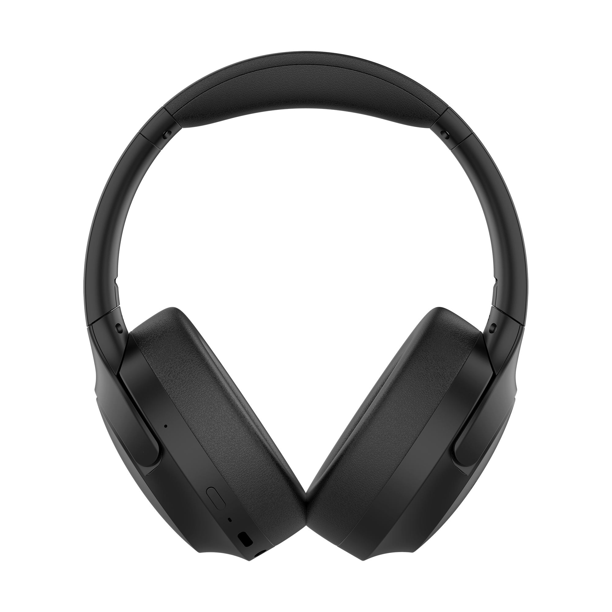 Czarne słuchawki na czarno-białym tle. Słuchawki mają wyściełany pałąk i nauszniki.