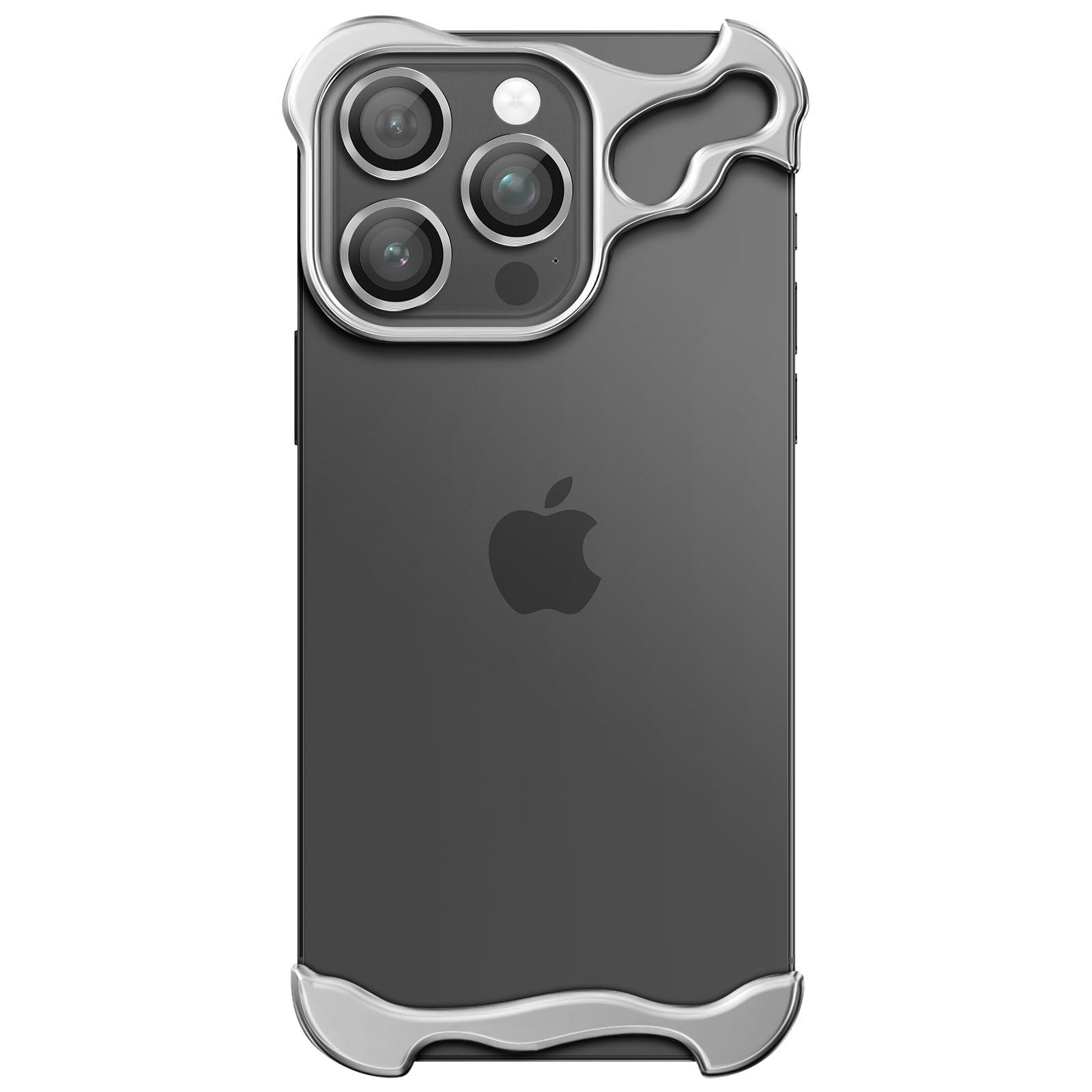 La parte posteriore di un iPhone grigio scuro con una custodia protettiva in metallo argentato. Il logo Apple è visibile.