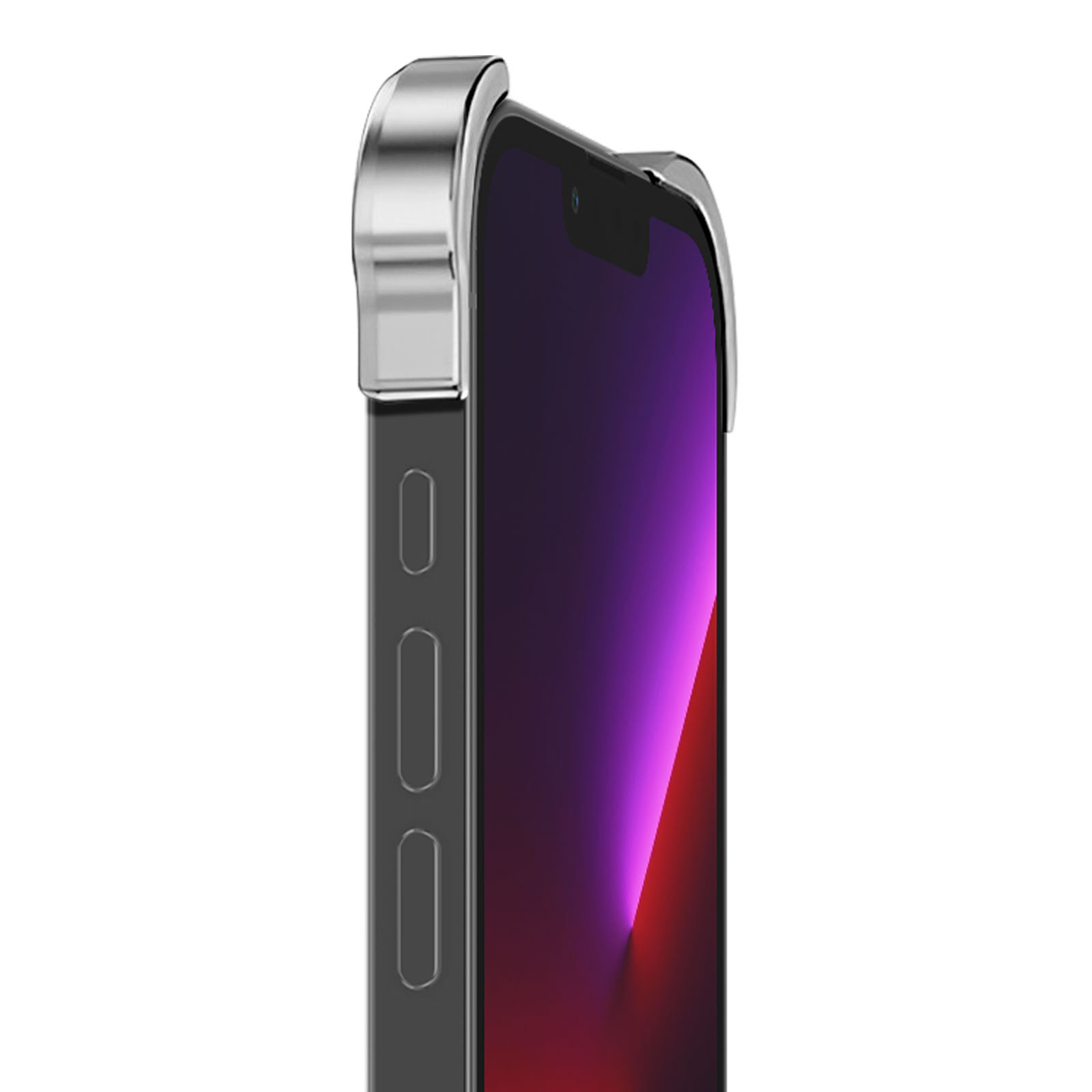 Uno smartphone, parzialmente visibile, con una cornice argentata. Lo schermo mostra sfumature viola e rosse. Pulsanti visibili.