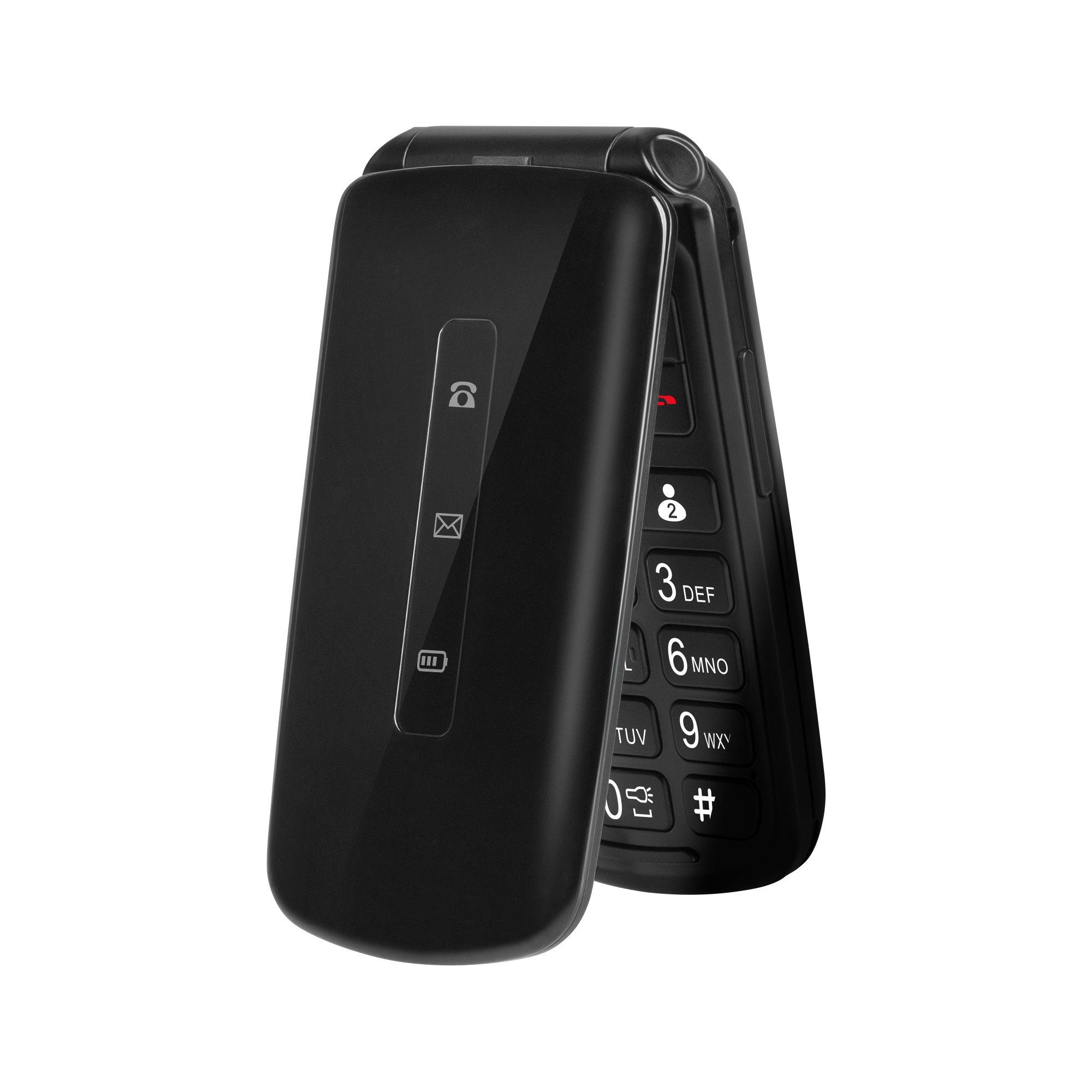 Czarny telefon z klapką jest otwarty, wyświetlając klawiaturę i ekran na białym tle.