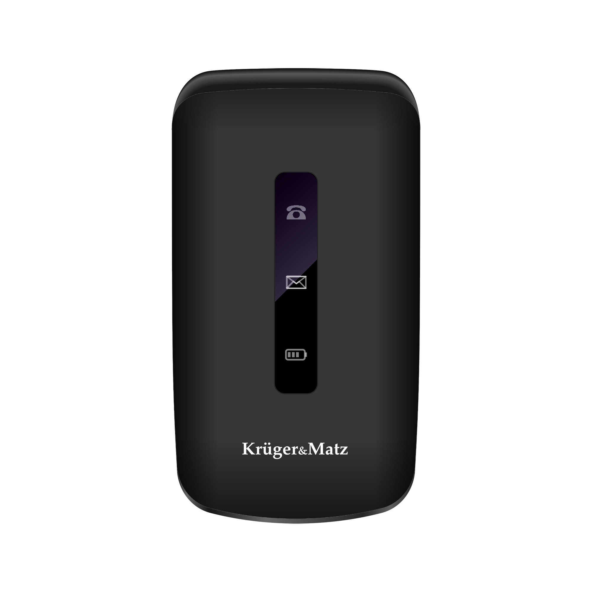 Czarny router z ikonami: telefon, e-mail i wskaźnik baterii. Nazwa marki 'Krüger&Matz' na dole.