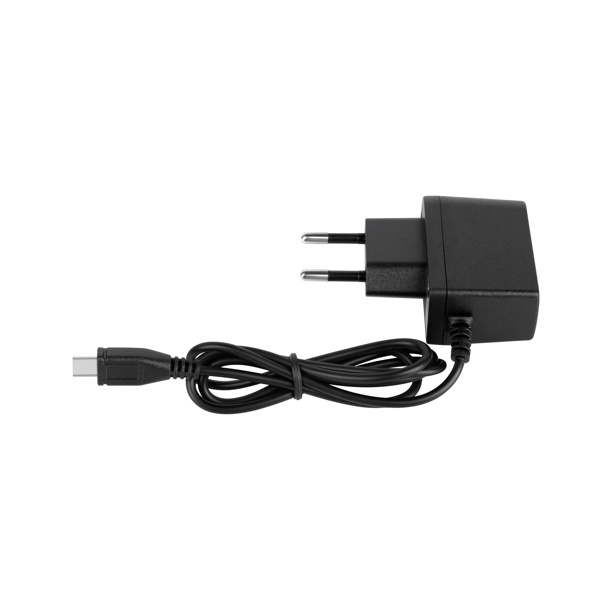 Czarna ładowarka do telefonu z europejską wtyczką. Kabel jest podłączony do ładowarki i złącza USB.