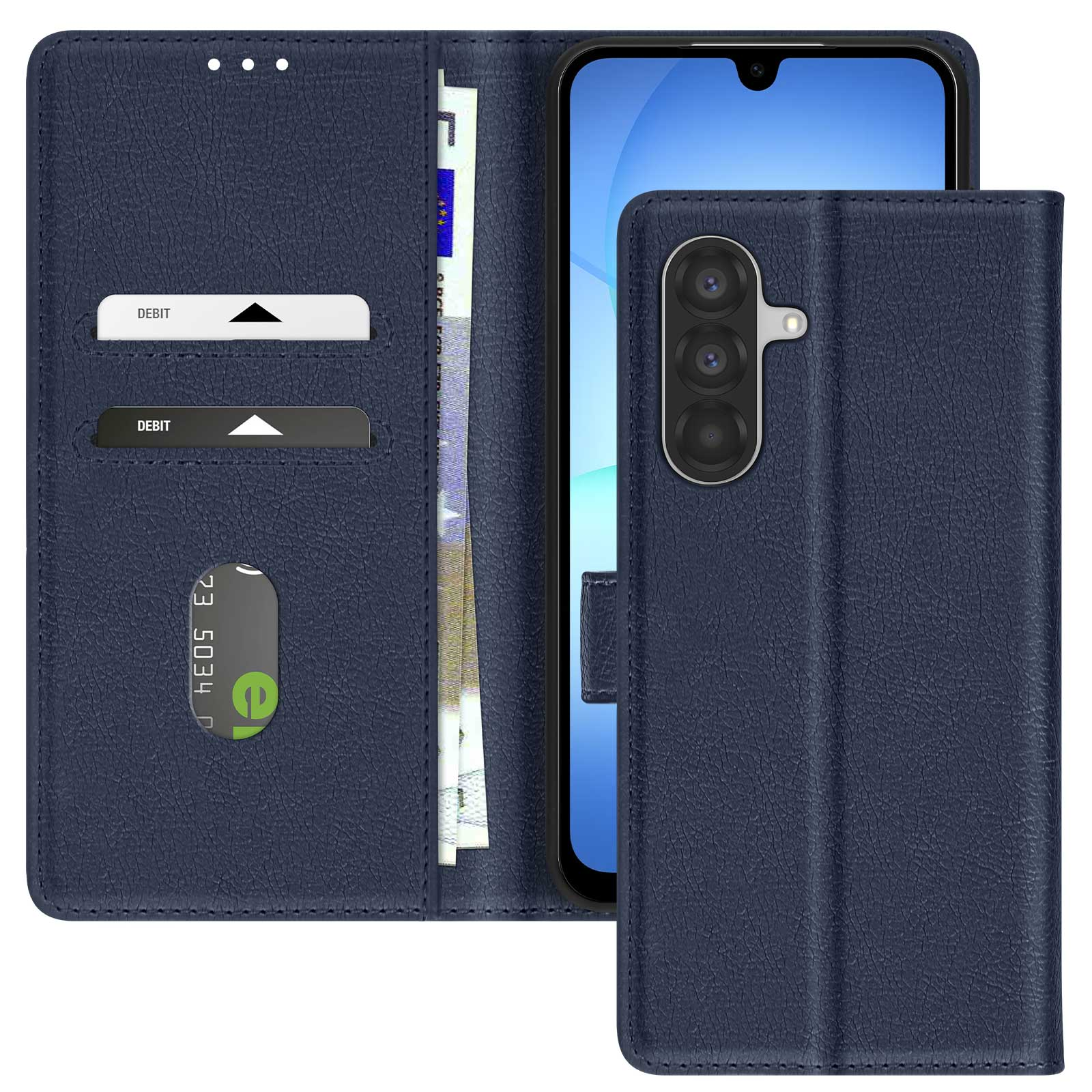 Ein marineblaues Handy-Case ist geöffnet und zeigt ein Telefon, Debitkarten und Bargeld. Das Case ist lederartig und hat eine Kamera.