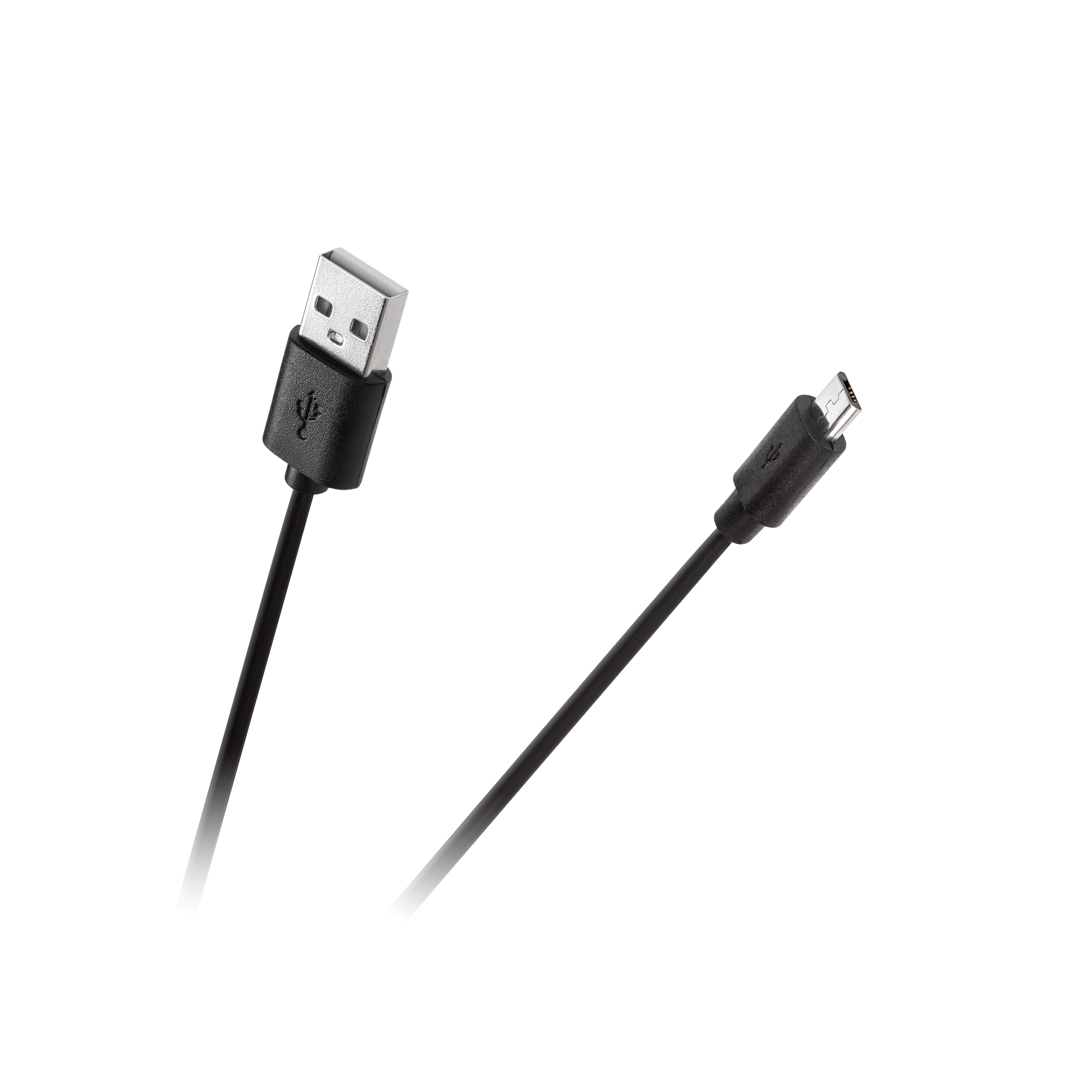 Kabel USB z dwoma końcami. Jednym jest standardowe złącze USB, a drugim micro USB. Oba są czarne.