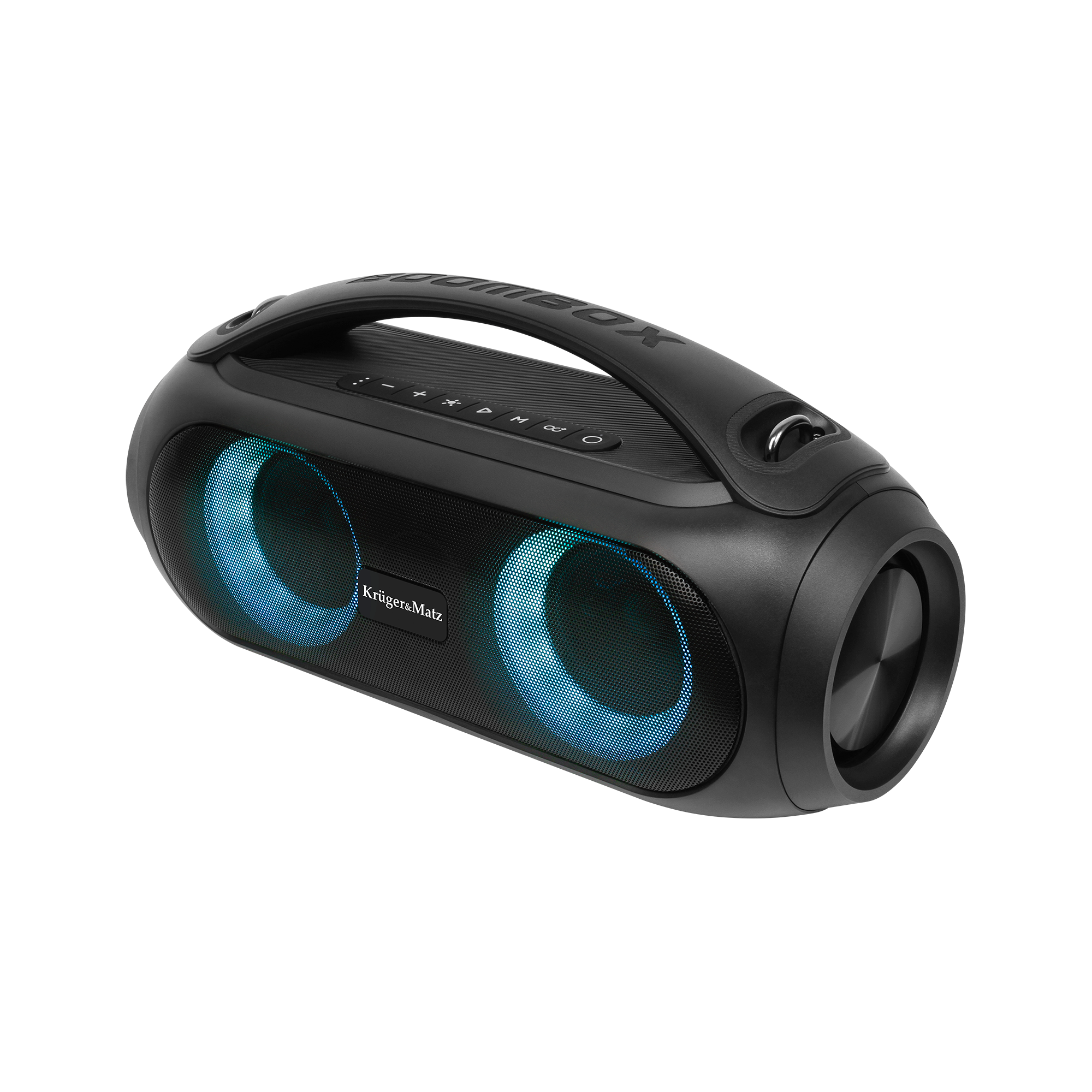Czarny boombox z uchwytem, niebieskie pierścienie świetlne wokół głośników. Przyciski na górze. Z przodu napis 'Kruger&Matz'.