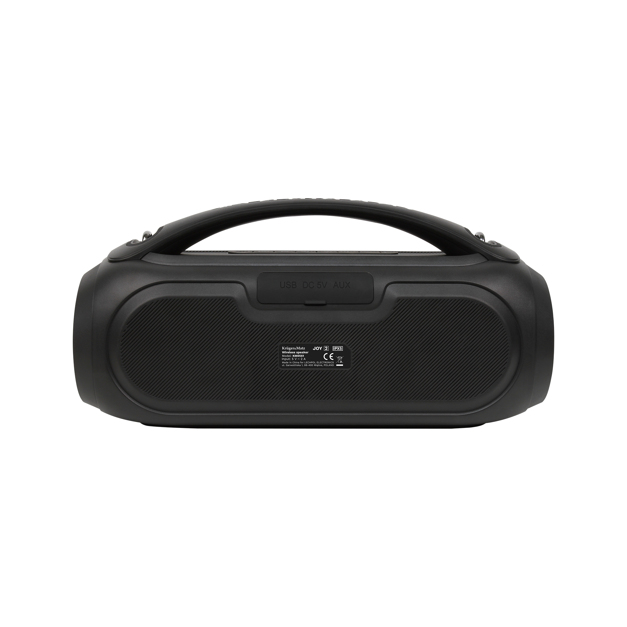 Czarny głośnik przenośny z uchwytem. Posiada porty USB, DC 5V i AUX. Marka to Krüger&Matz, model KM0561.