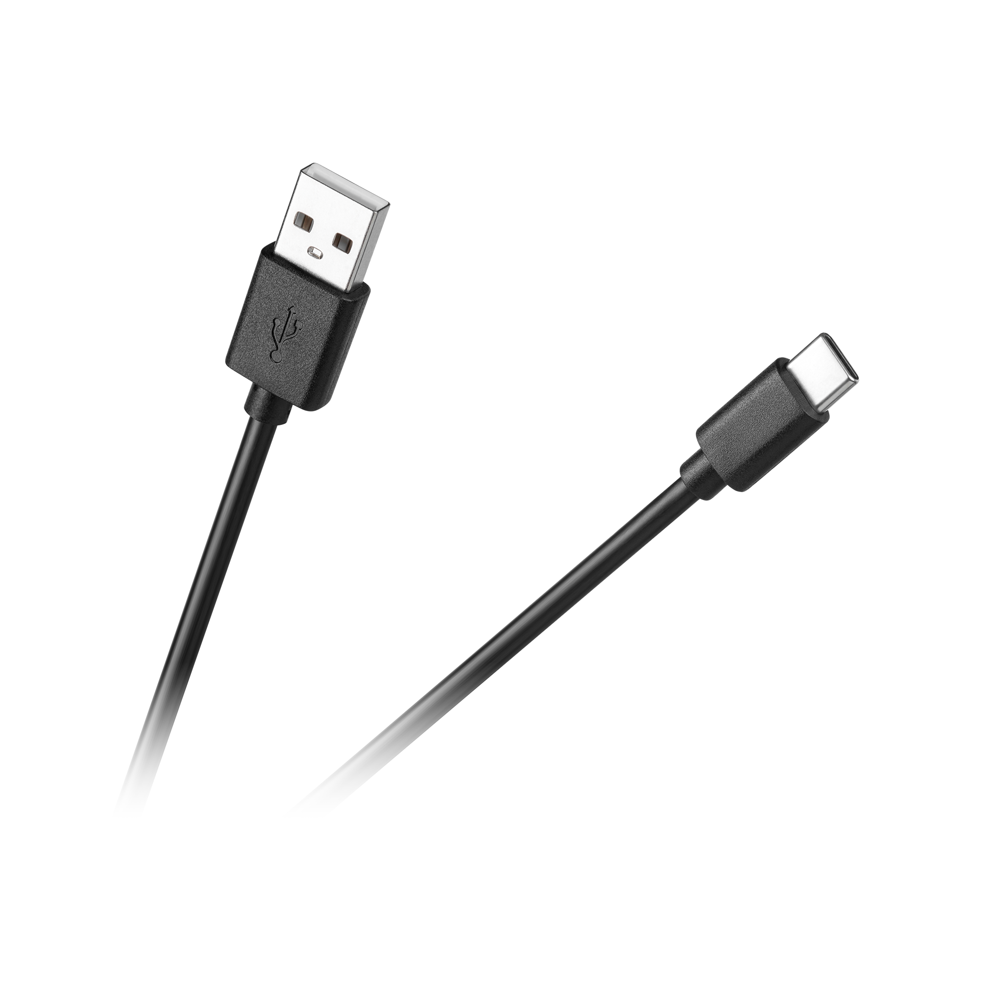 Czarny kabel USB z wtyczką USB-A na jednym końcu i wtyczką USB-C na drugim, na szarym tle.