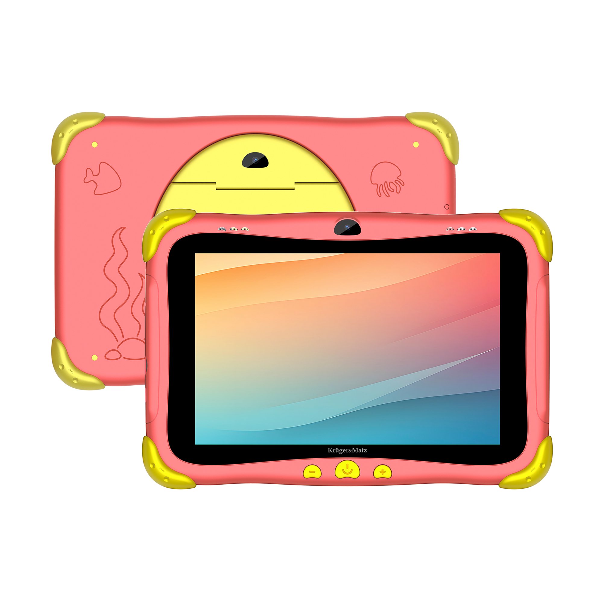 Różowy tablet z żółtymi akcentami. Ekran pokazuje kolorowy gradient. Obudowa ma ilustracje stworzeń morskich.