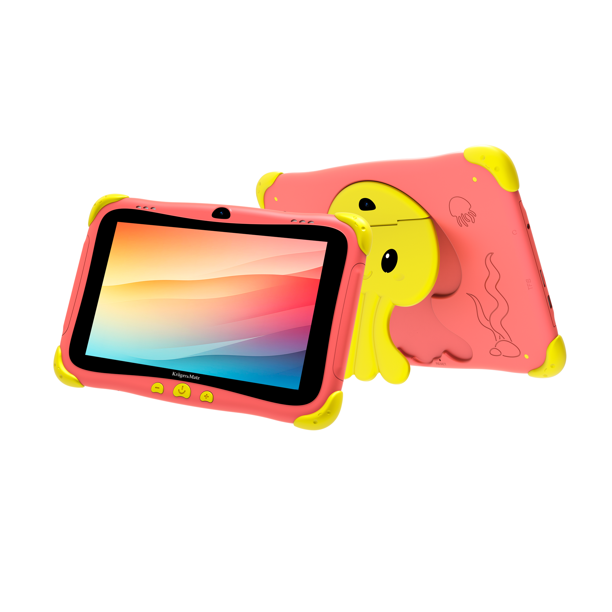 Różowy tablet z żółtą obudową w kształcie ośmiornicy. Ekran wyświetla kolorowy gradient.