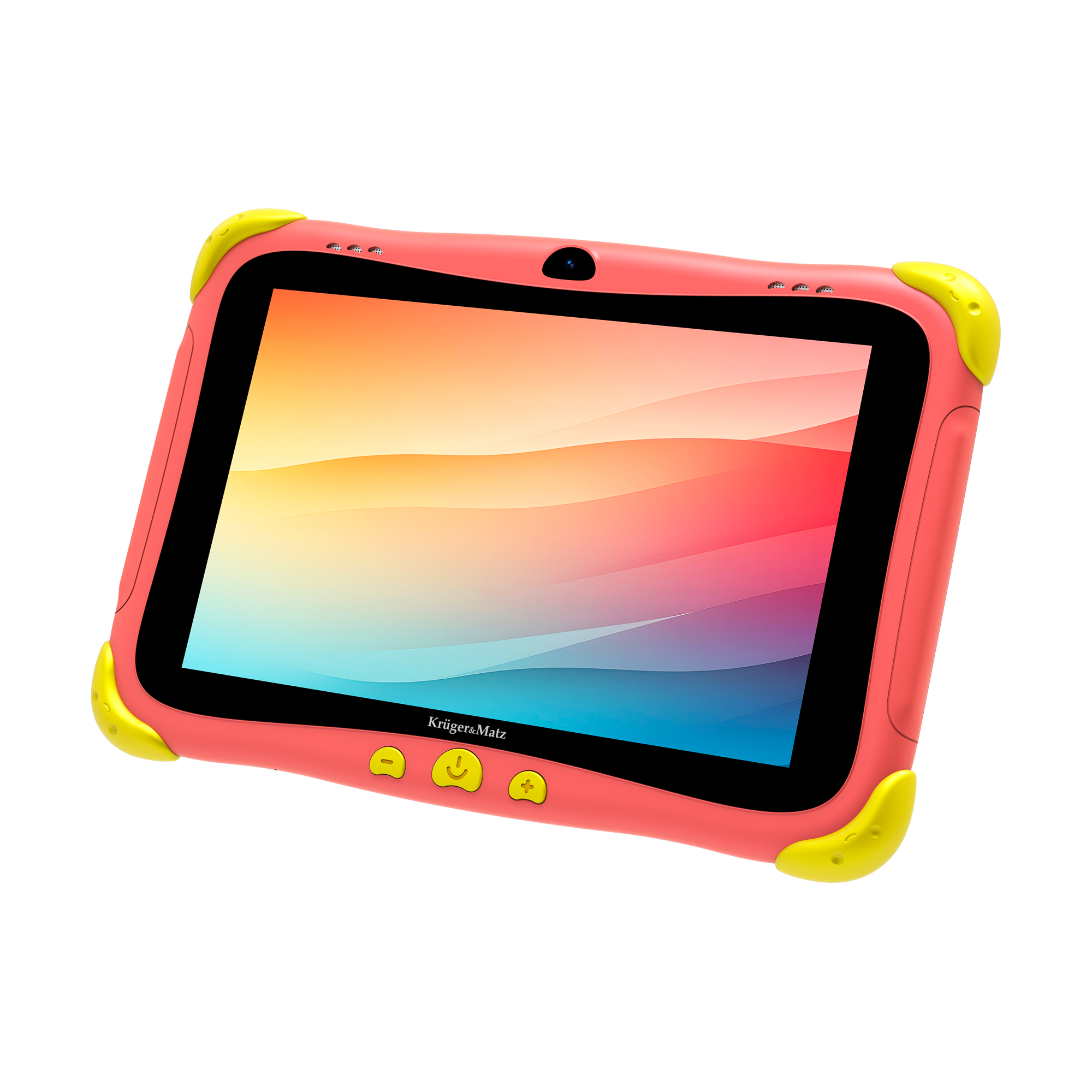 Różowy tablet z kolorowym ekranem. Posiada żółte osłony narożników i przyciski. Marka to Kruger&Matz.