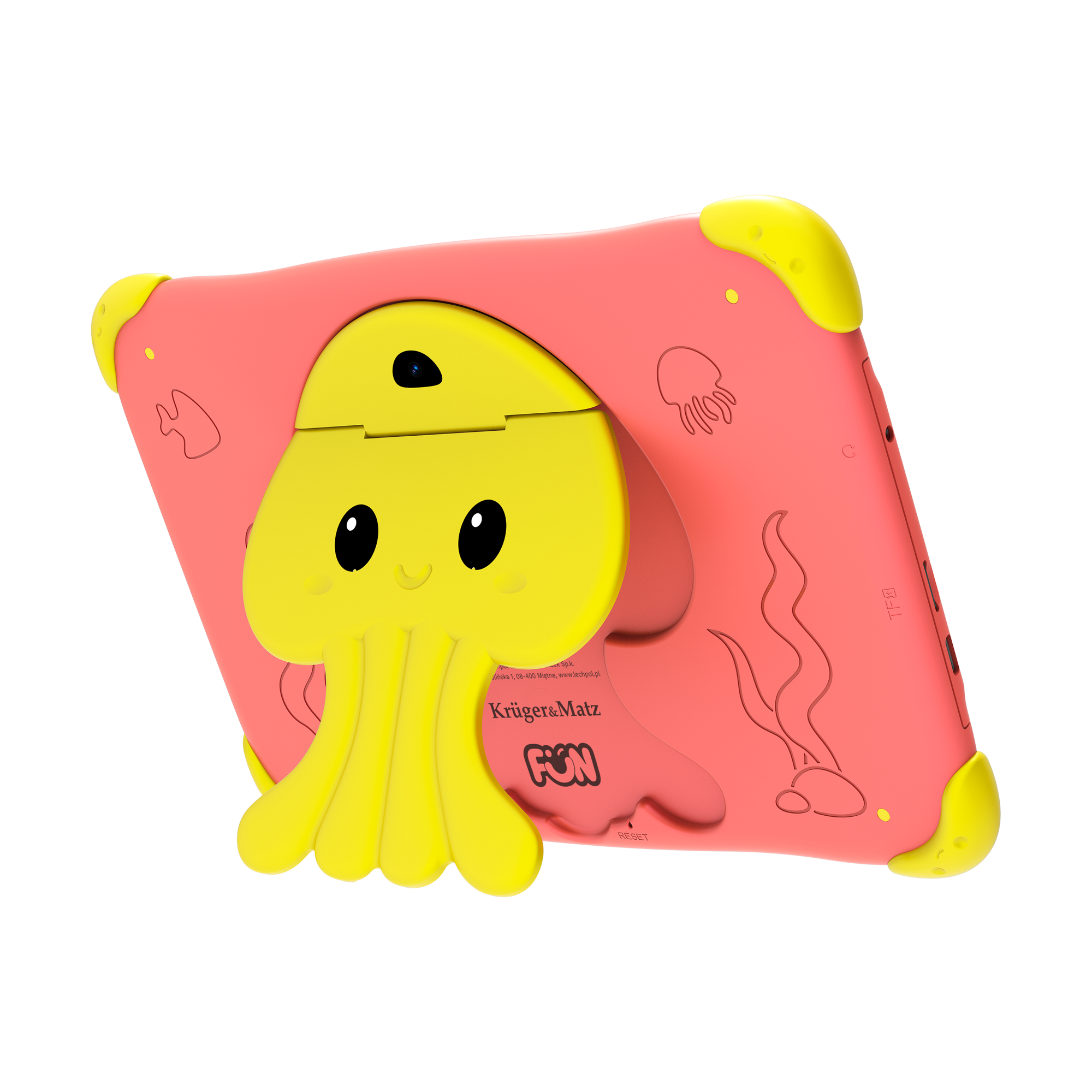 Różowy tablet z żółtym wzorem meduzy. Ma aparat i napisy 'Krüger&Matz FUN' z tyłu.